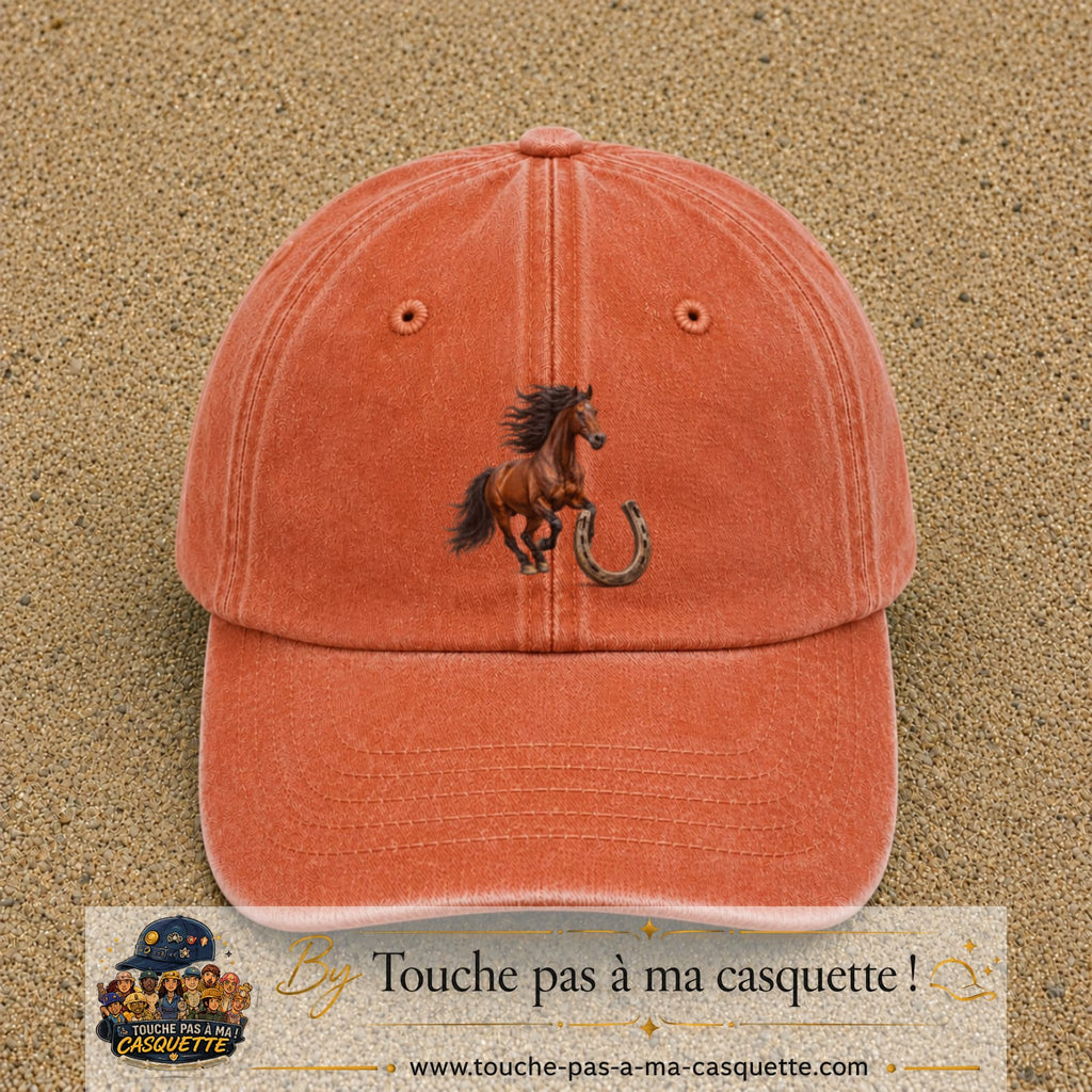 Image principale casquette Orange délavé - Corail délavé avec motif Cheval et fer porte-bonheur 7 cm