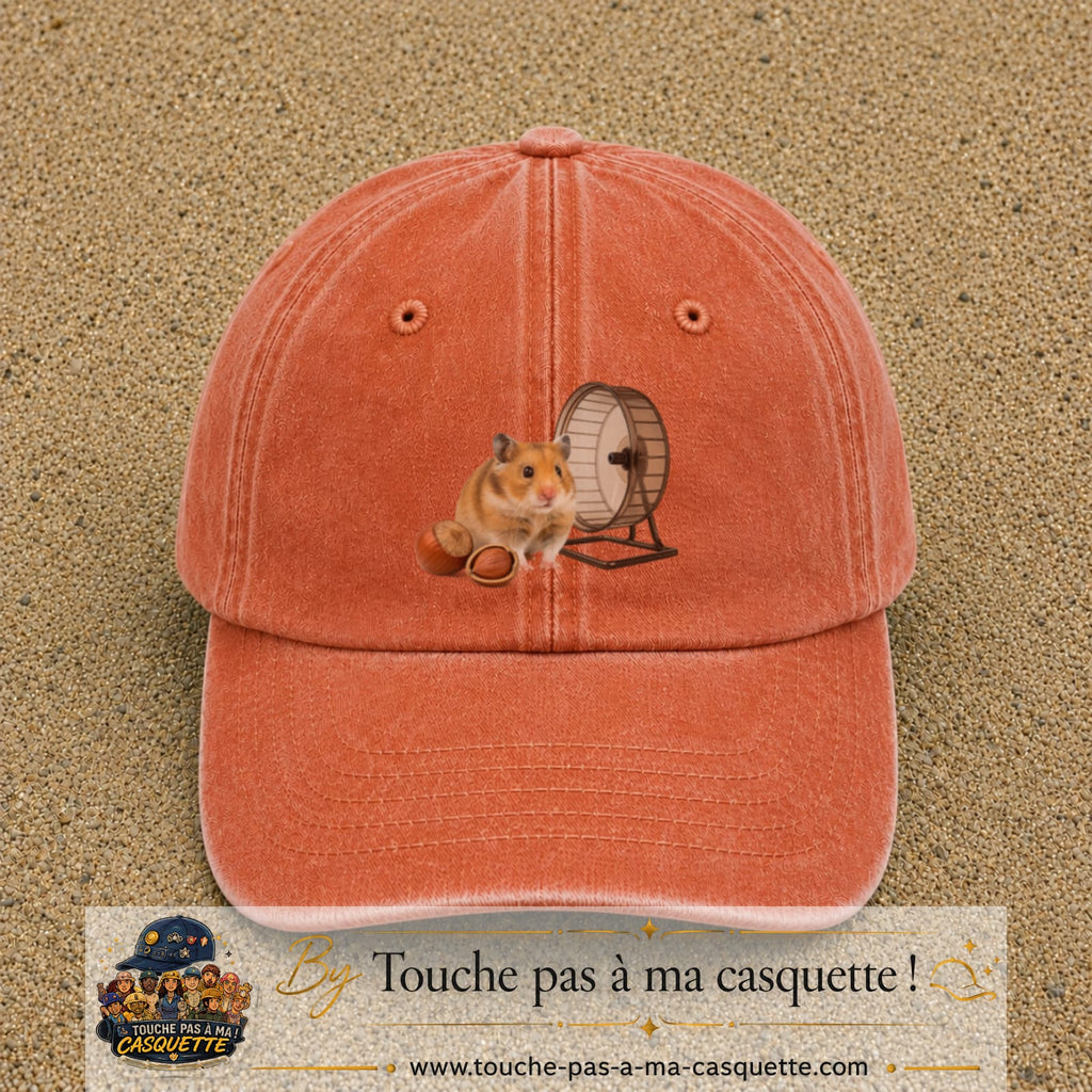 Casquette Orange délavé - Corail délavé motif Hamster avec roue logo 7 cm