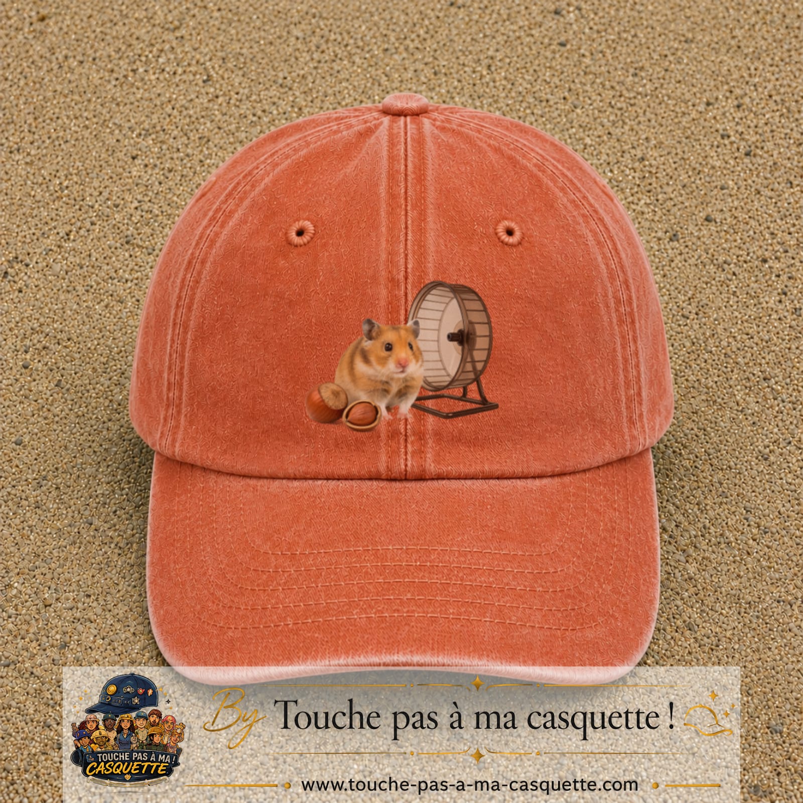 Casquette Orange délavé - Corail délavé motif Hamster avec roue logo 7 cm