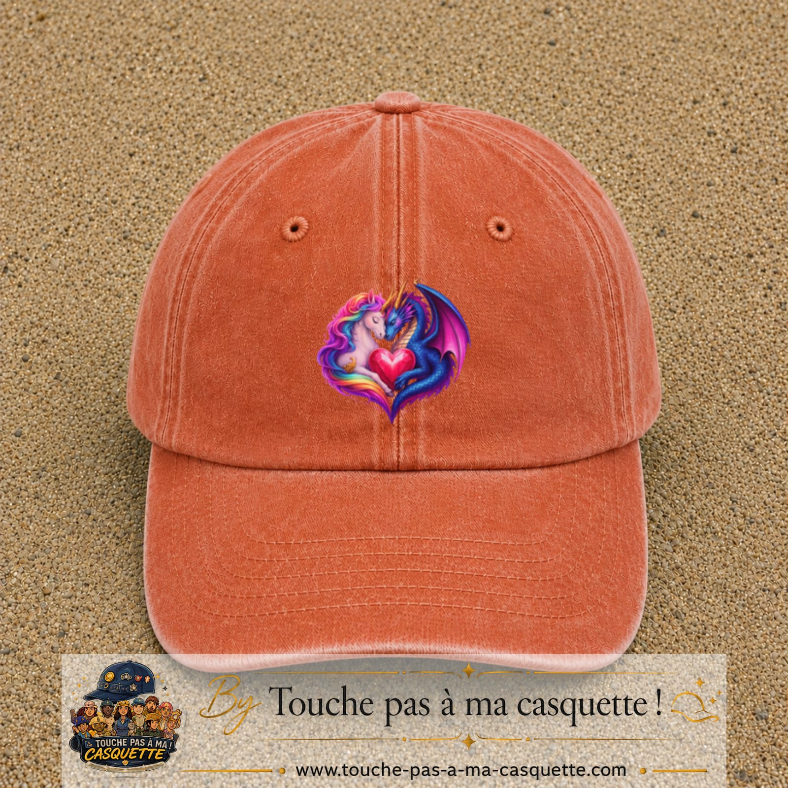 Casquette Orange délavé - Corail délavé motif Licorne et dragon cœur logo 7 cm