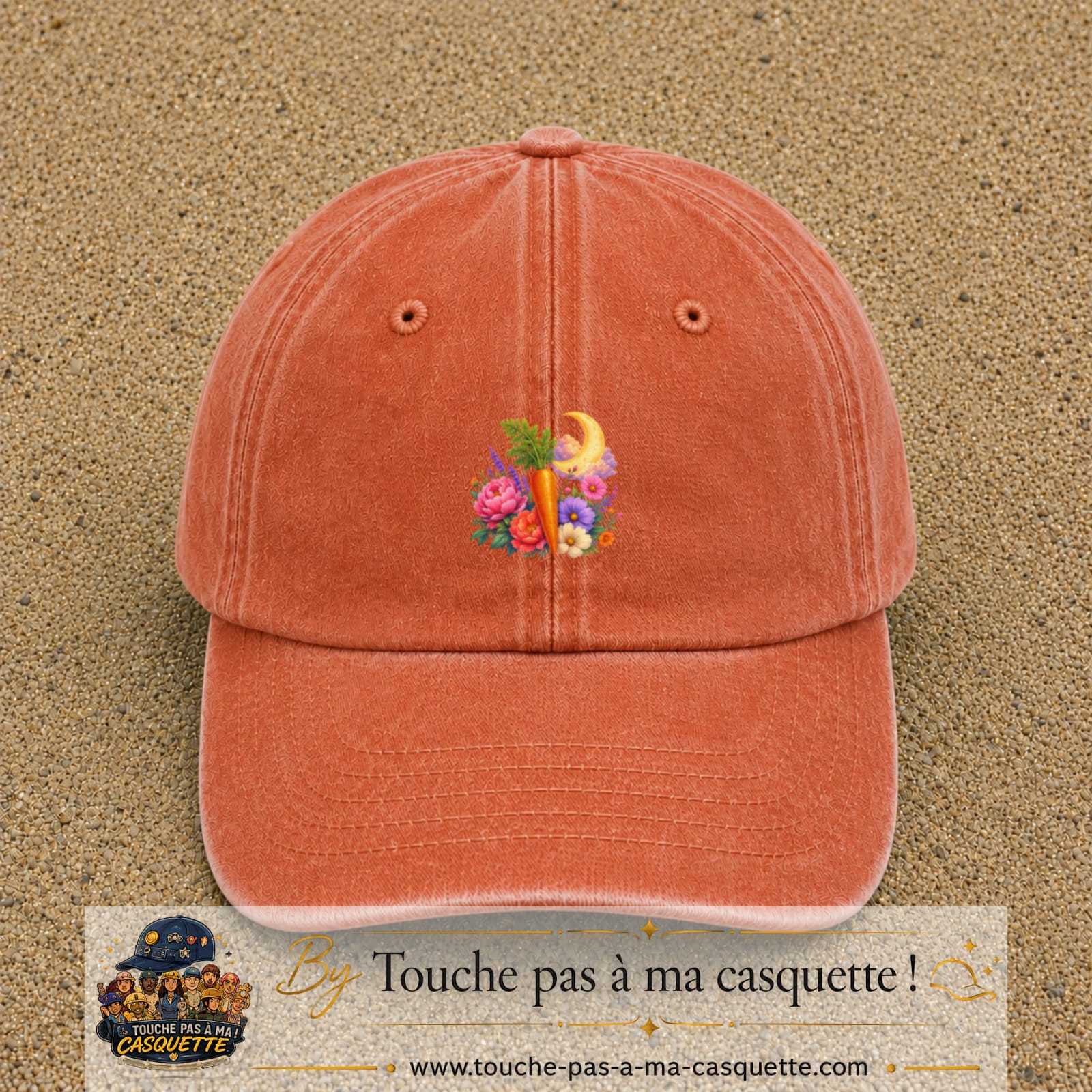 Casquette Orange délavé - Corail délavé motif Jardin carotte fleuri logo 5 cm