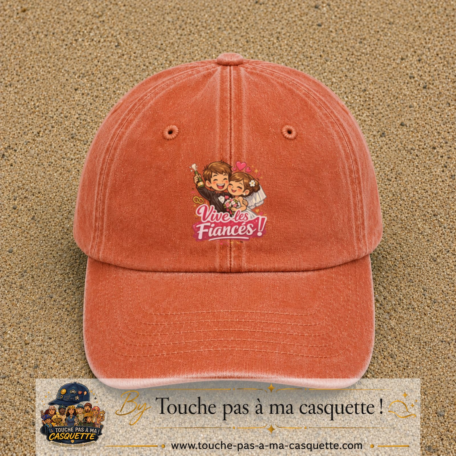 Casquette Orange délavé - Corail délavé avec motif Vive les Fiancés en 7 cm – vue principale
