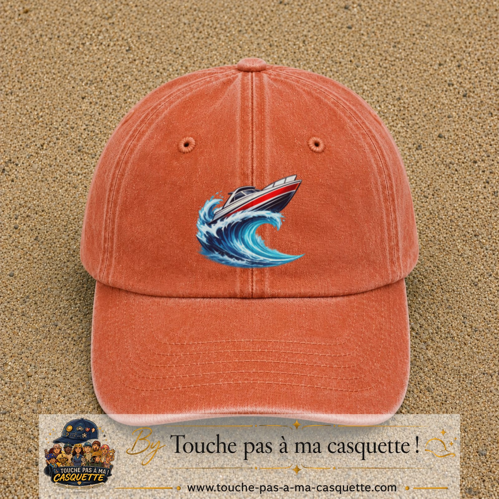 Casquette Orange délavé - Corail délavé avec motif Bateau à moteur sur vague en 7 cm – vue principale