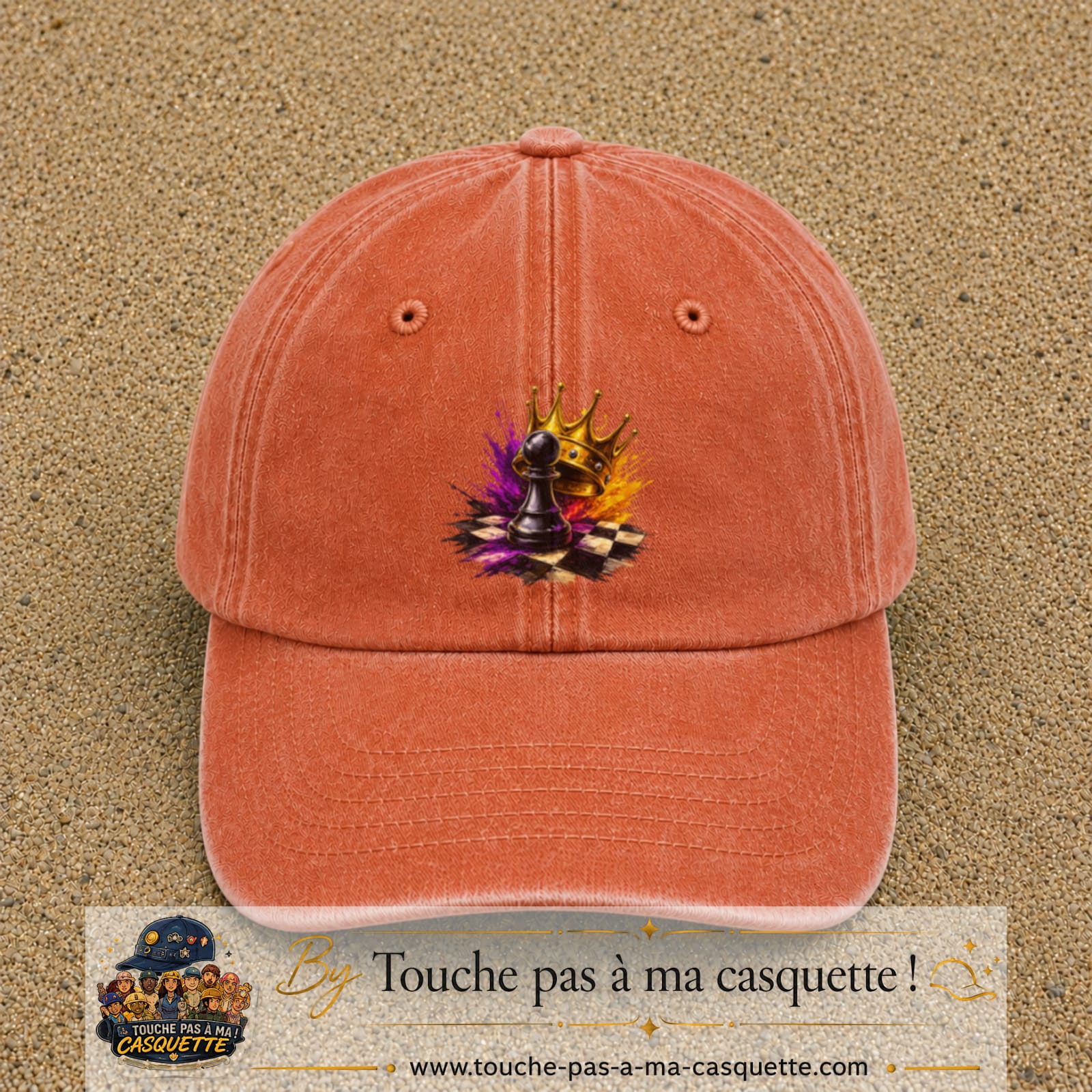 Image principale casquette Orange délavé - Corail délavé avec motif Échecs couronnés 7 cm