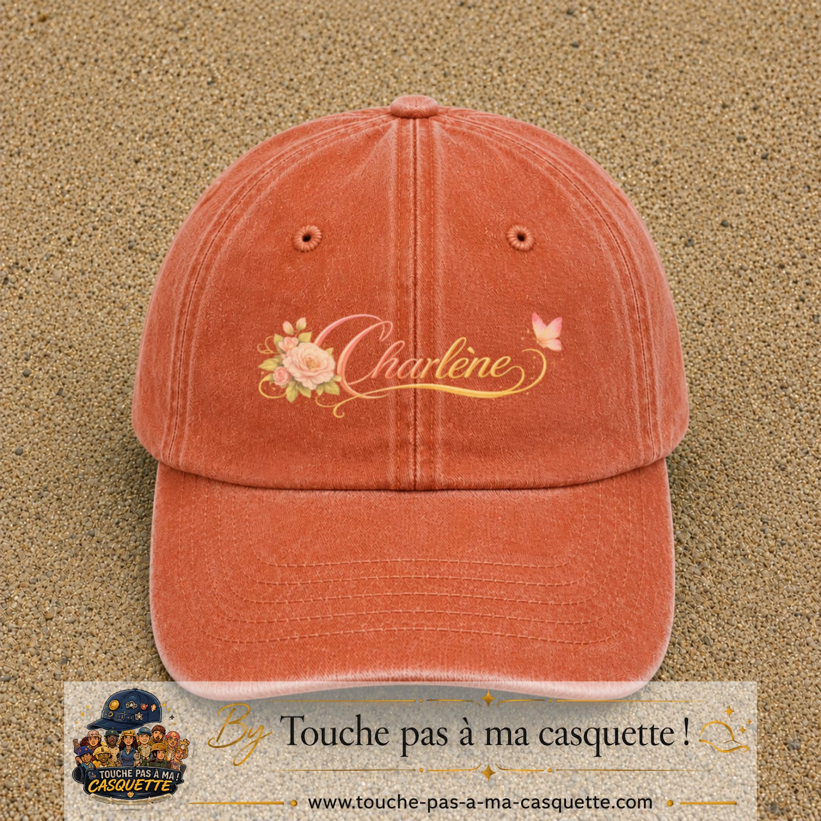 Casquette Orange délavé - Corail délavé avec motif Prénom Charlène fleuri en 7 cm – vue principale