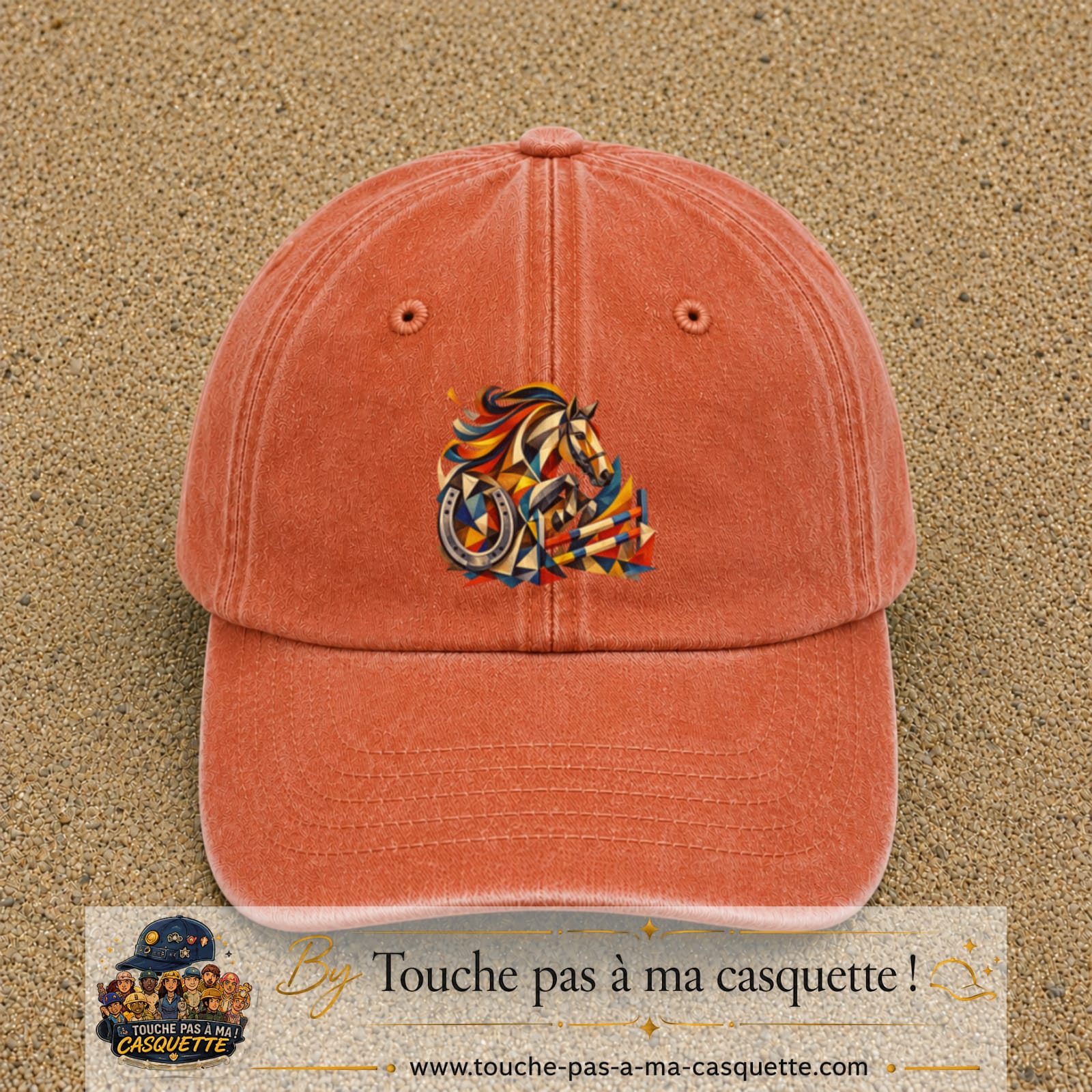 Image principale casquette Orange délavé - Corail délavé avec motif Cheval de concours 7 cm