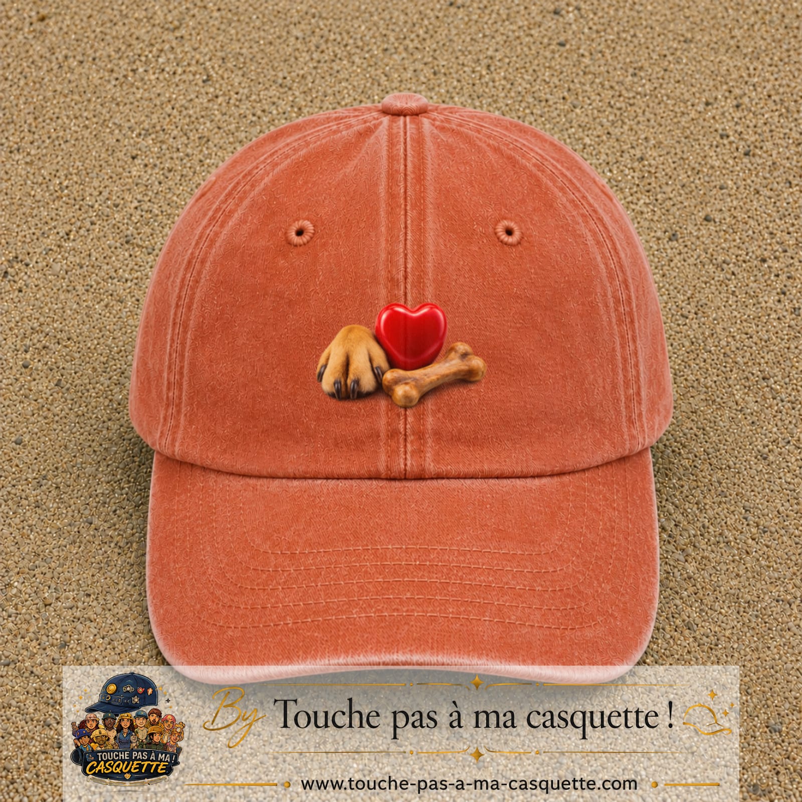 Casquette Orange délavé - Corail délavé motif Patte de chien et cœur logo 5 cm