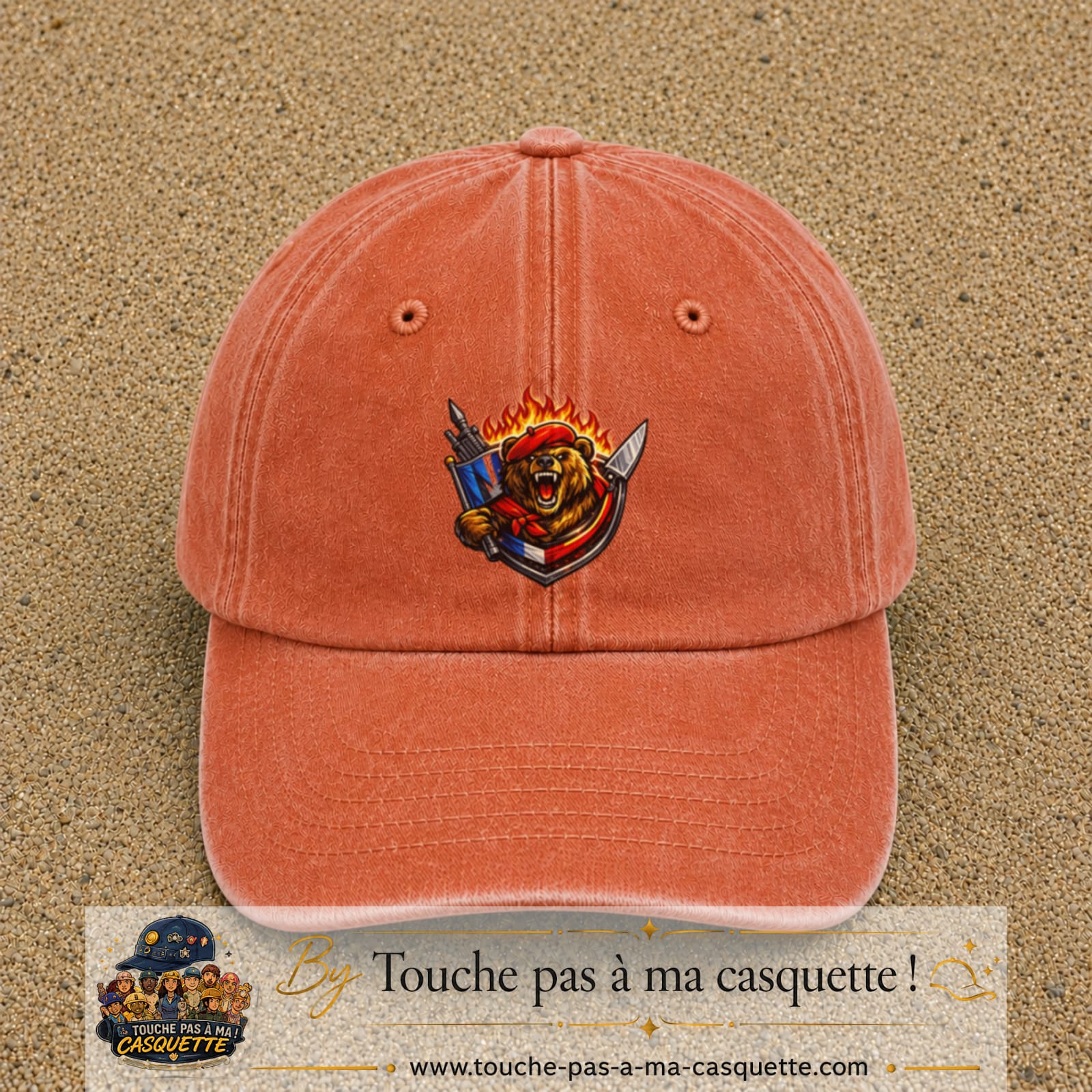 Casquette Orange délavé - Corail délavé motif Ours guerrier logo 7 cm
