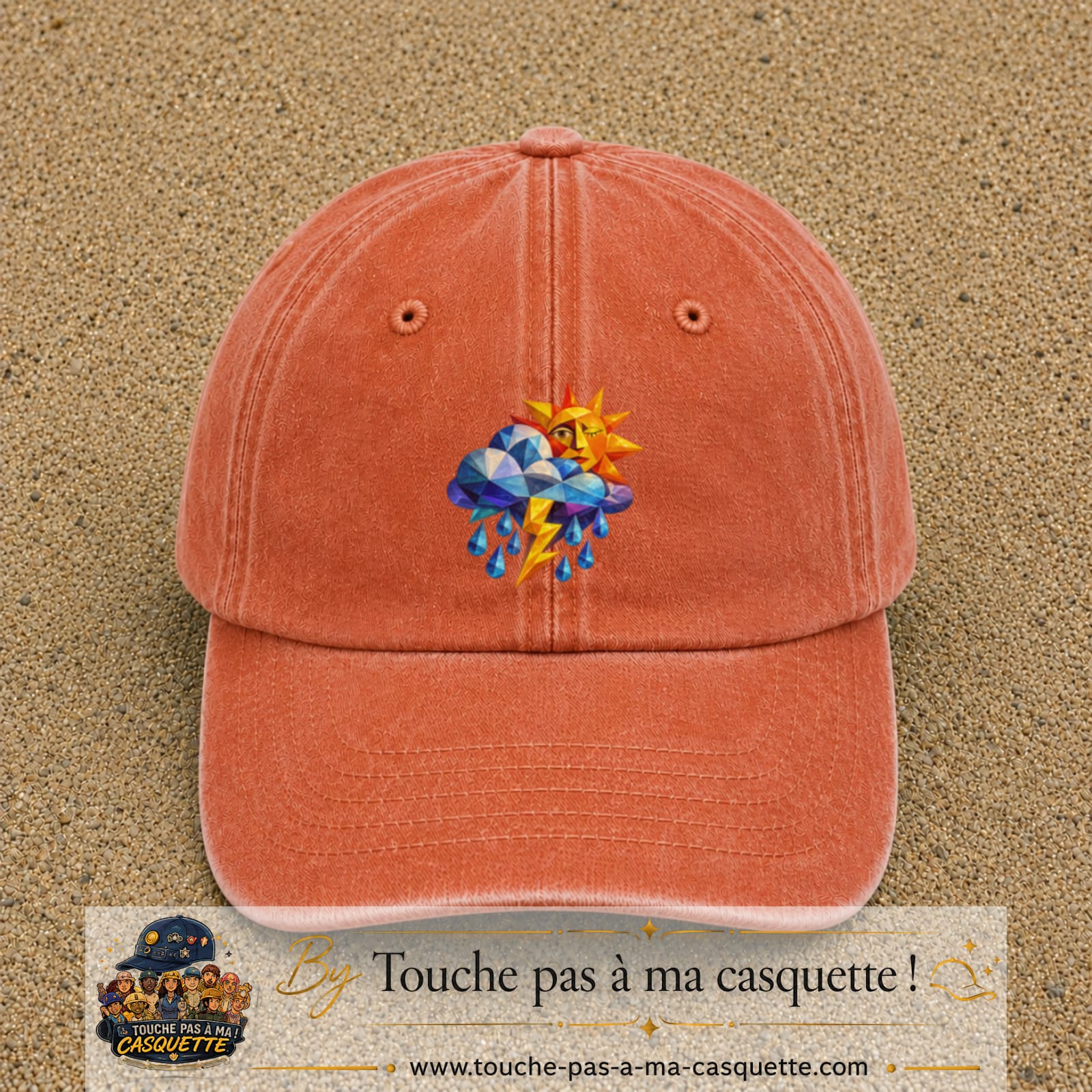Image principale casquette Orange délavé - Corail délavé avec motif Météo soleil orage 7 cm