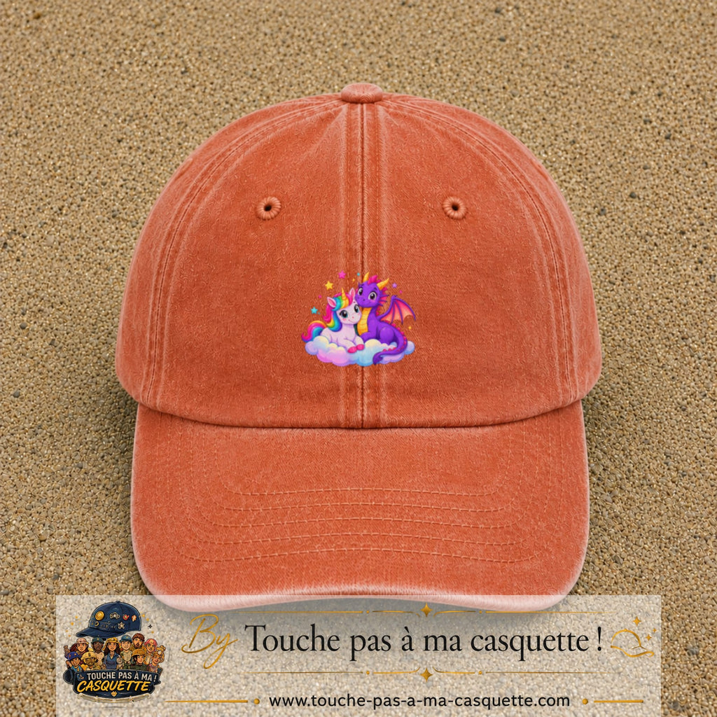 Casquette Orange délavé - Corail délavé motif Licorne et bébé dragon logo 5 cm
