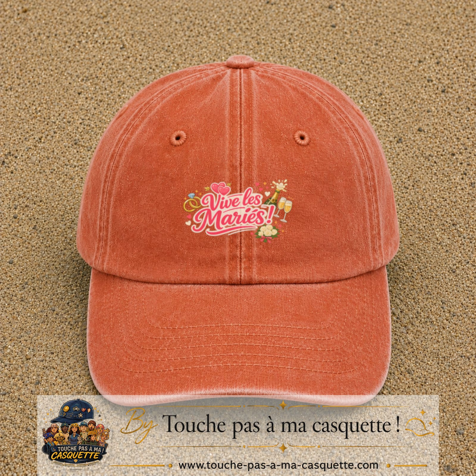 Casquette Orange délavé - Corail délavé avec motif Vive les Mariés en 5 cm – vue principale