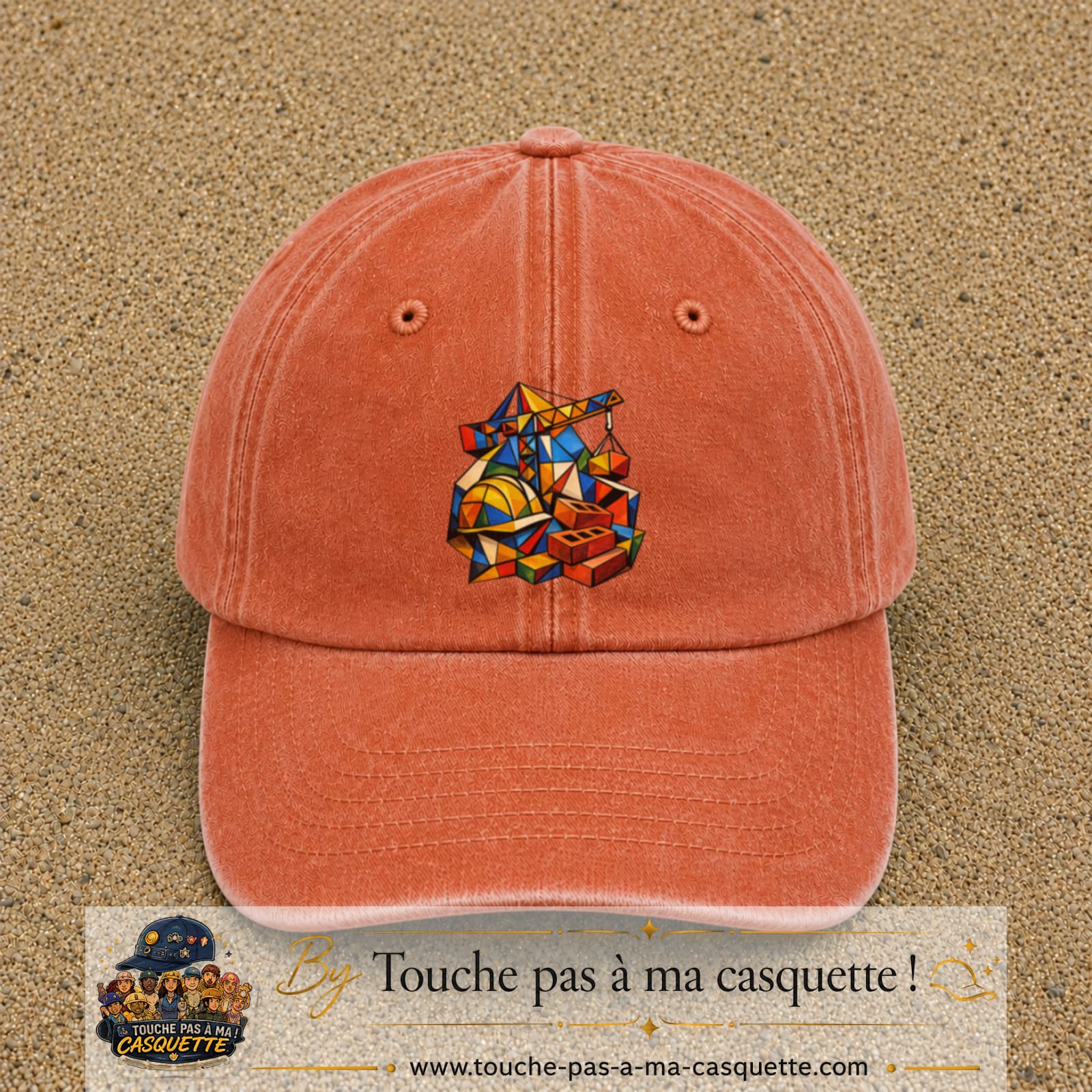 Casquette Orange délavé - Corail délavé motif Chantier géométrique logo 7 cm