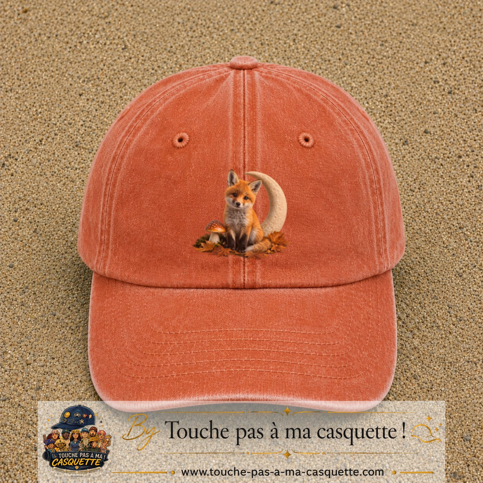 Image principale casquette Orange délavé - Corail délavé avec motif Renard de lune 7 cm