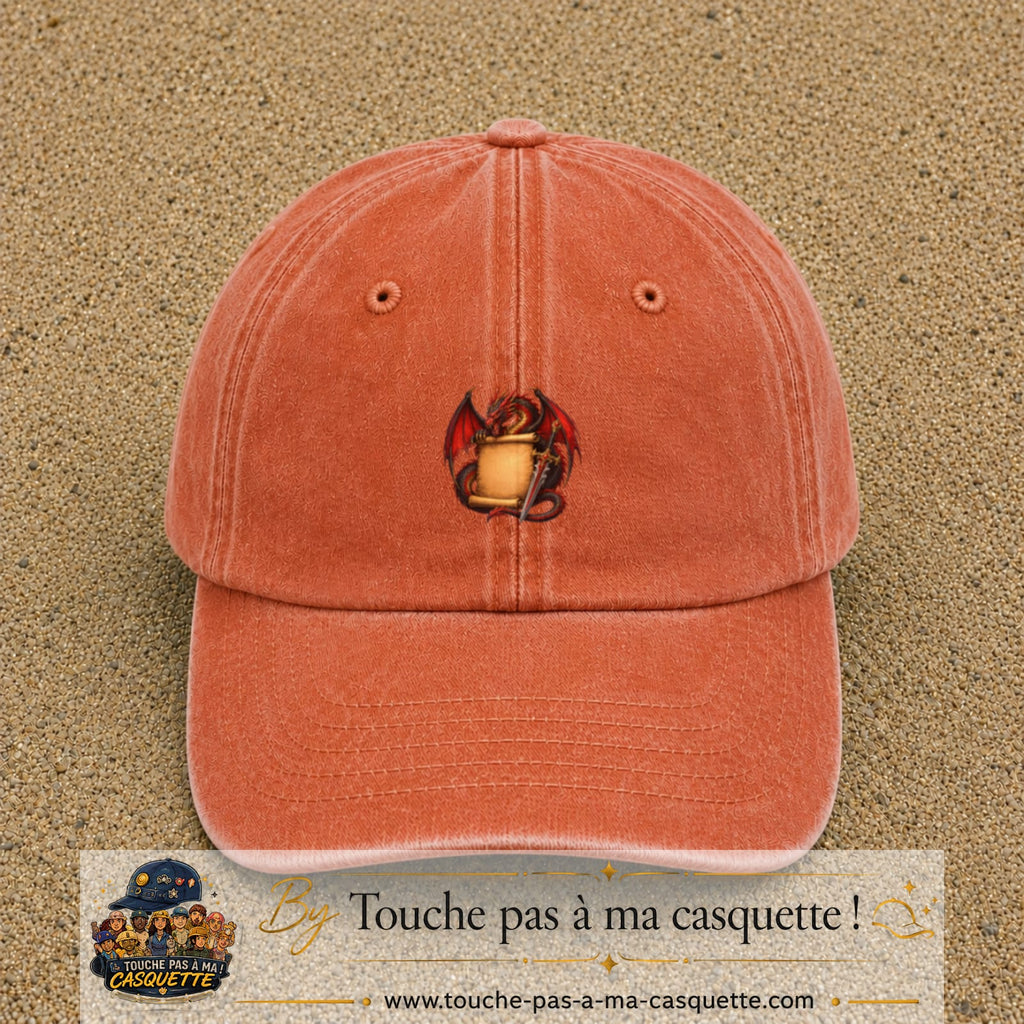 Casquette Orange délavé - Corail délavé motif Dragon parchemin logo 5 cm
