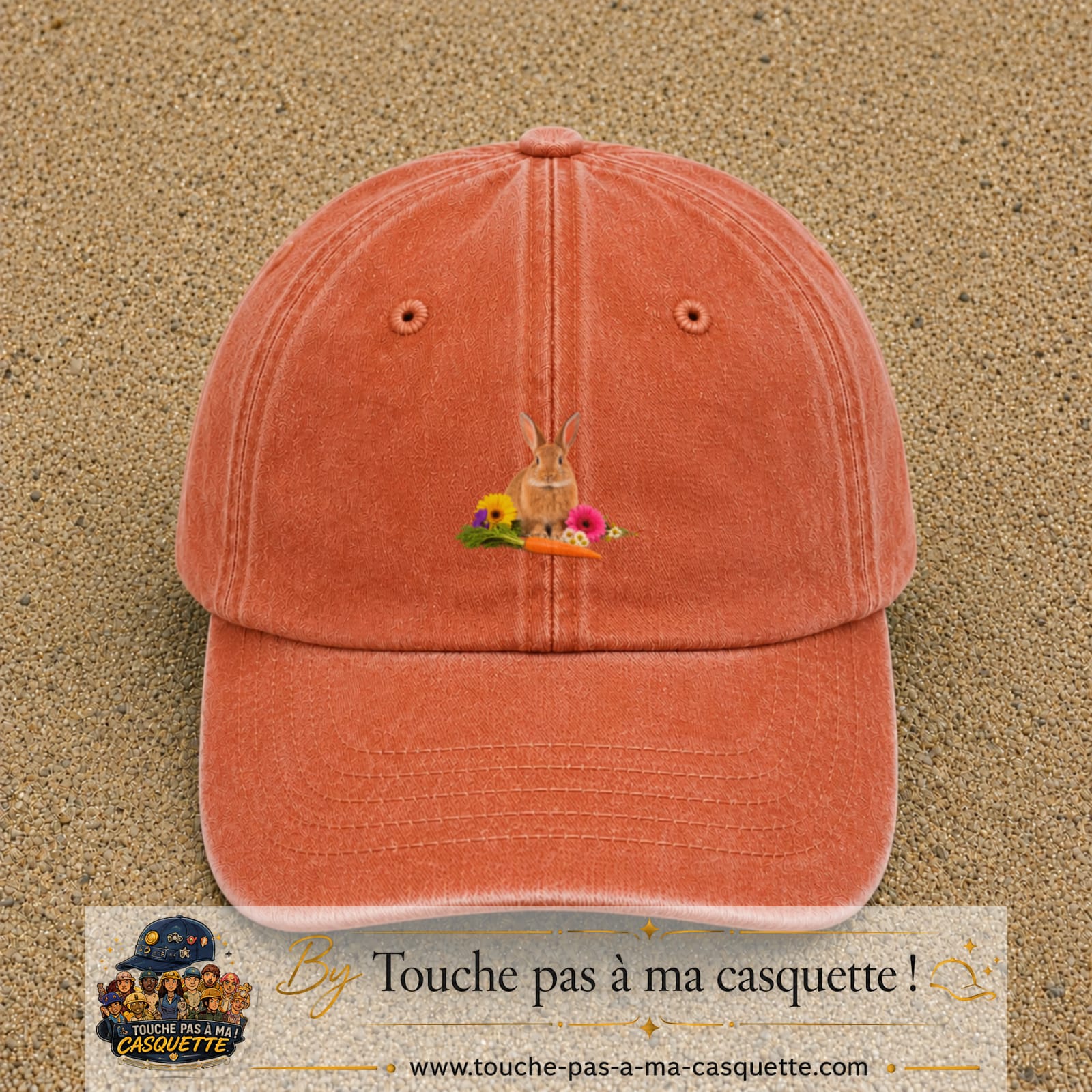 Image principale casquette Orange délavé - Corail délavé avec motif Lapin fleuri 5 cm