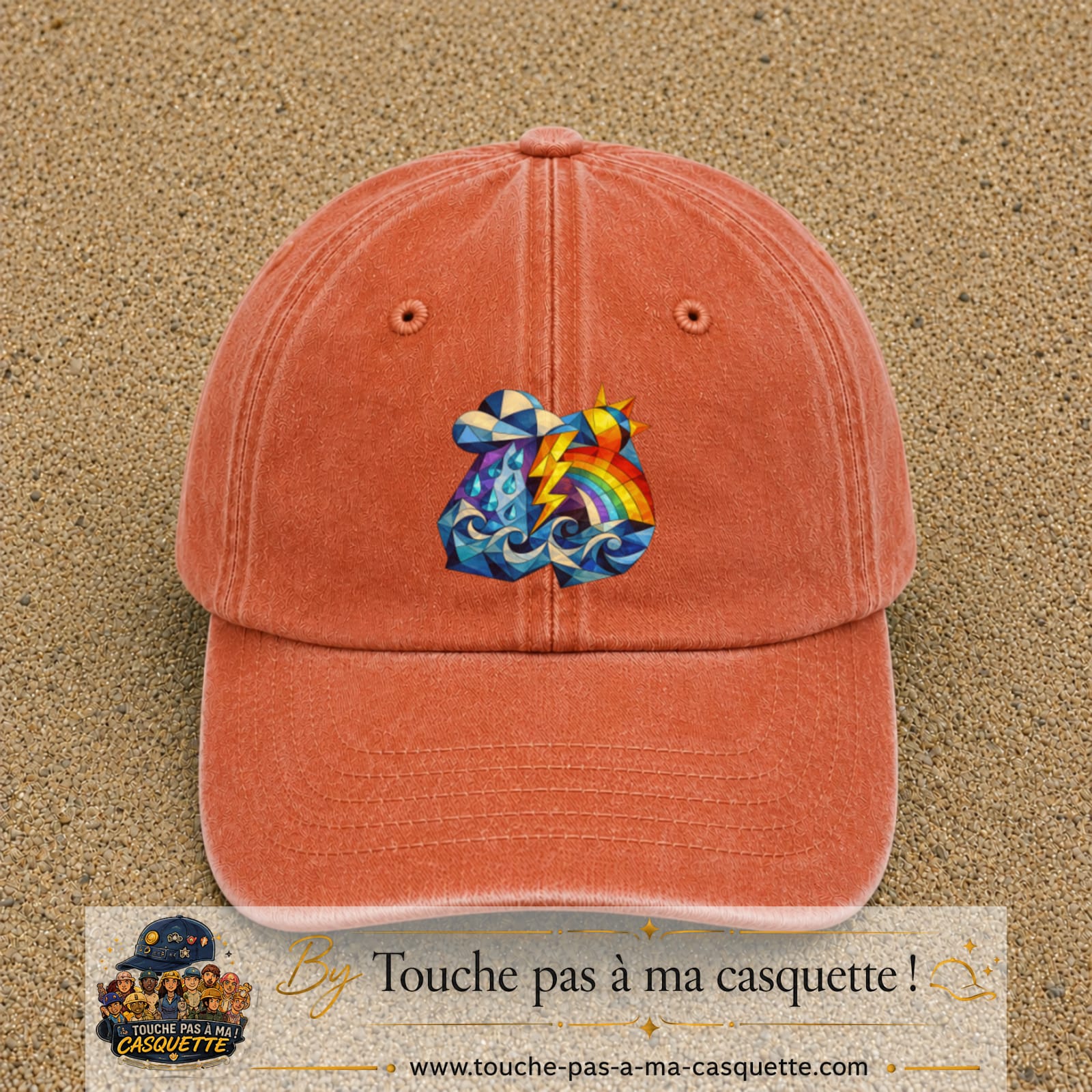 Image principale casquette Orange délavé - Corail délavé avec motif Orage arc-en-ciel 7 cm