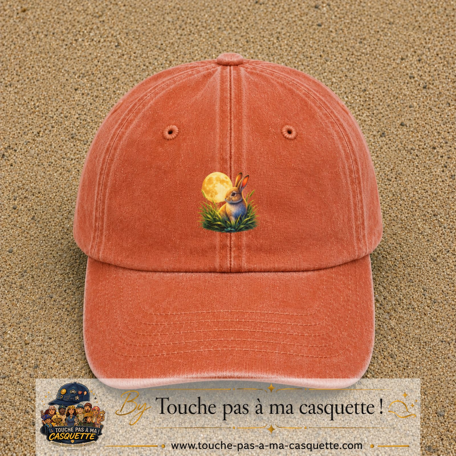 Casquette Orange délavé - Corail délavé motif Lapin sous la lune logo 5 cm