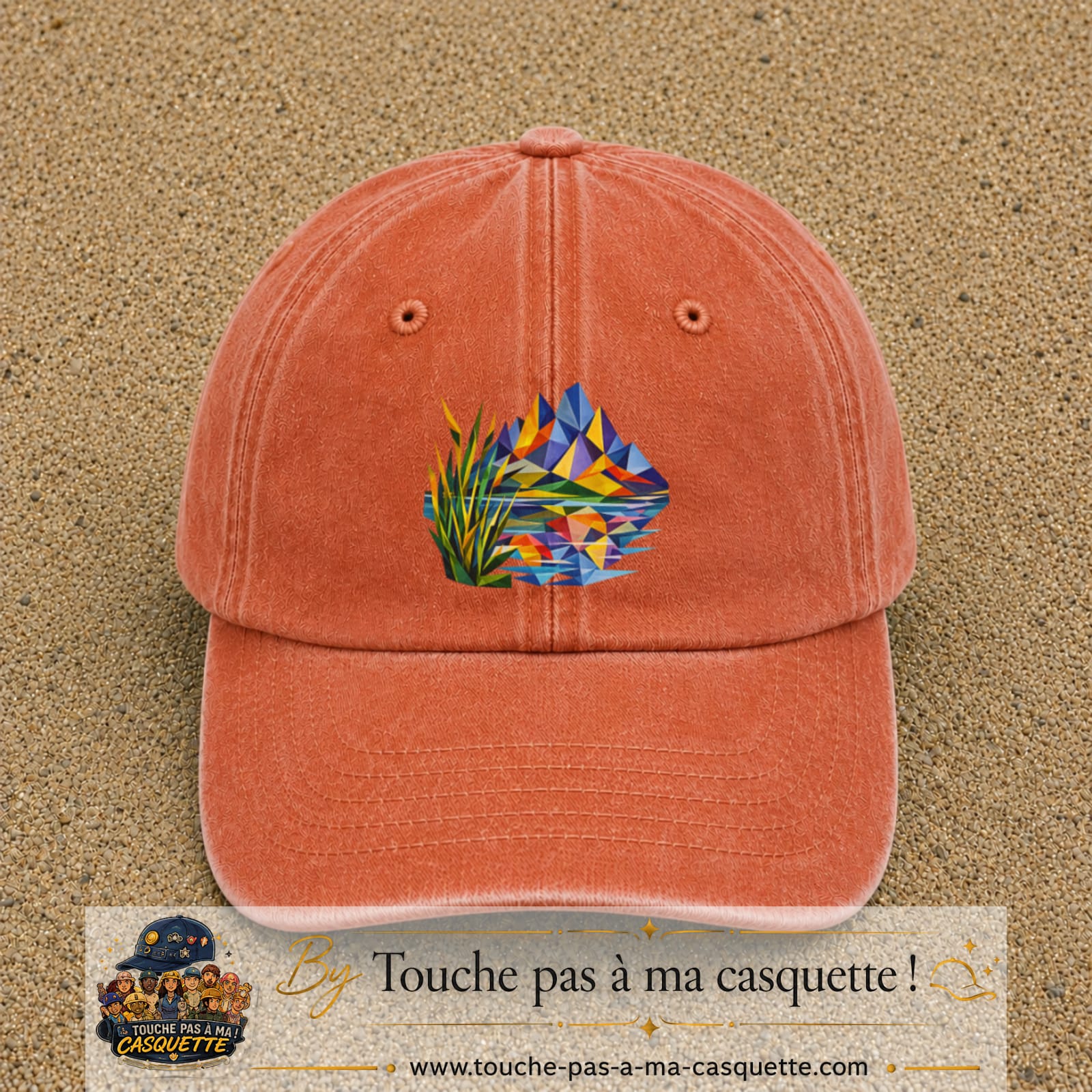 Image principale casquette Orange délavé - Corail délavé avec motif Lac de montagne 7 cm