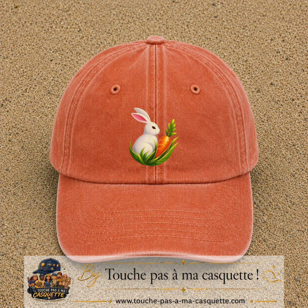 Casquette Orange délavé - Corail délavé motif Lapin blanc avec carotte logo 7 cm