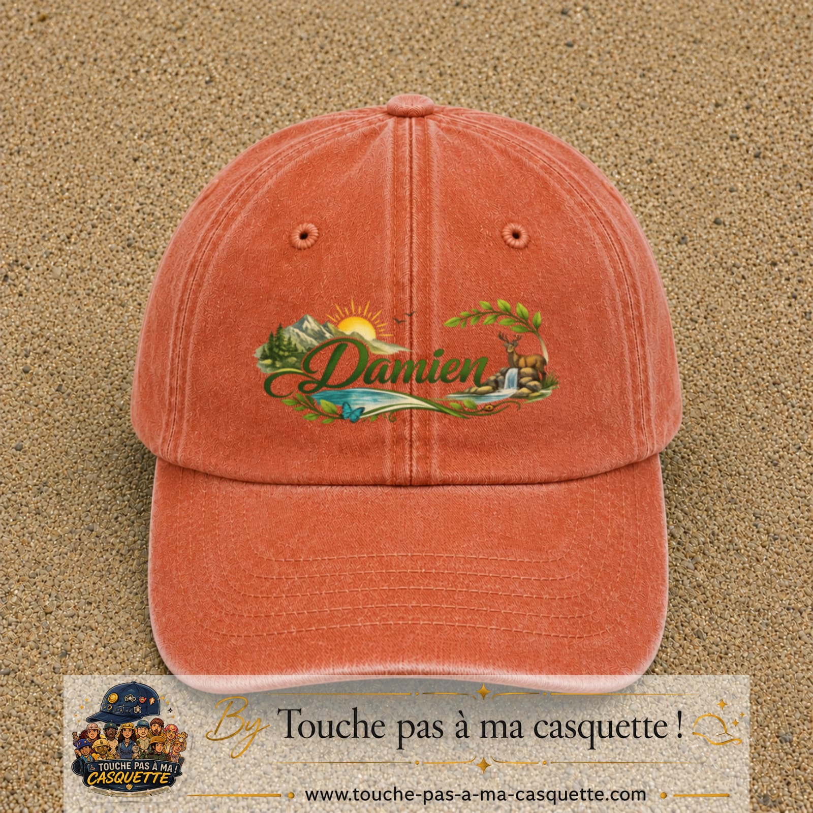 Casquette Orange délavé - Corail délavé avec motif Prénom Damien nature et cerf en 7 cm – vue principale