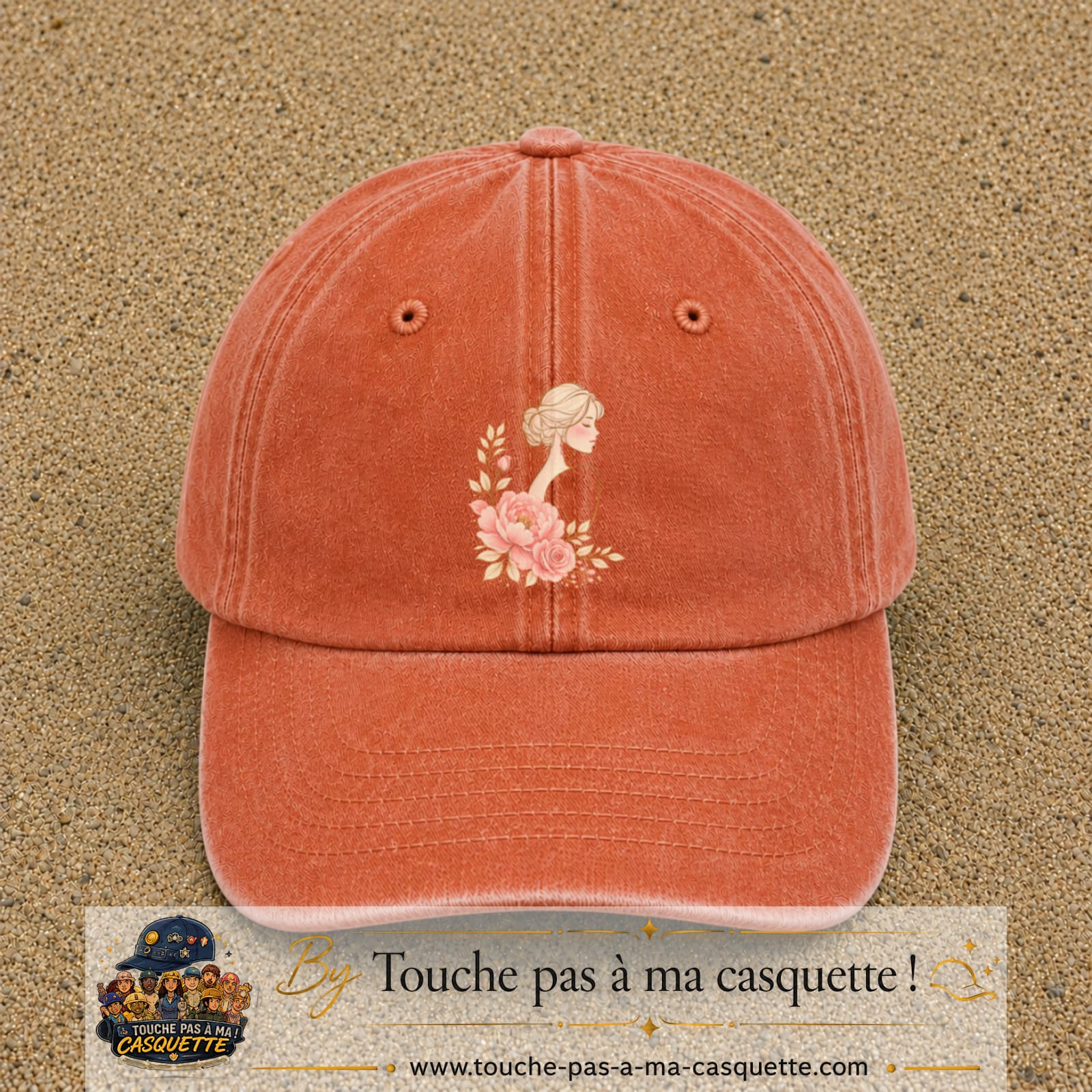 Casquette Orange délavé - Corail délavé avec motif Portrait féminin aux pivoines en 7 cm – vue principale