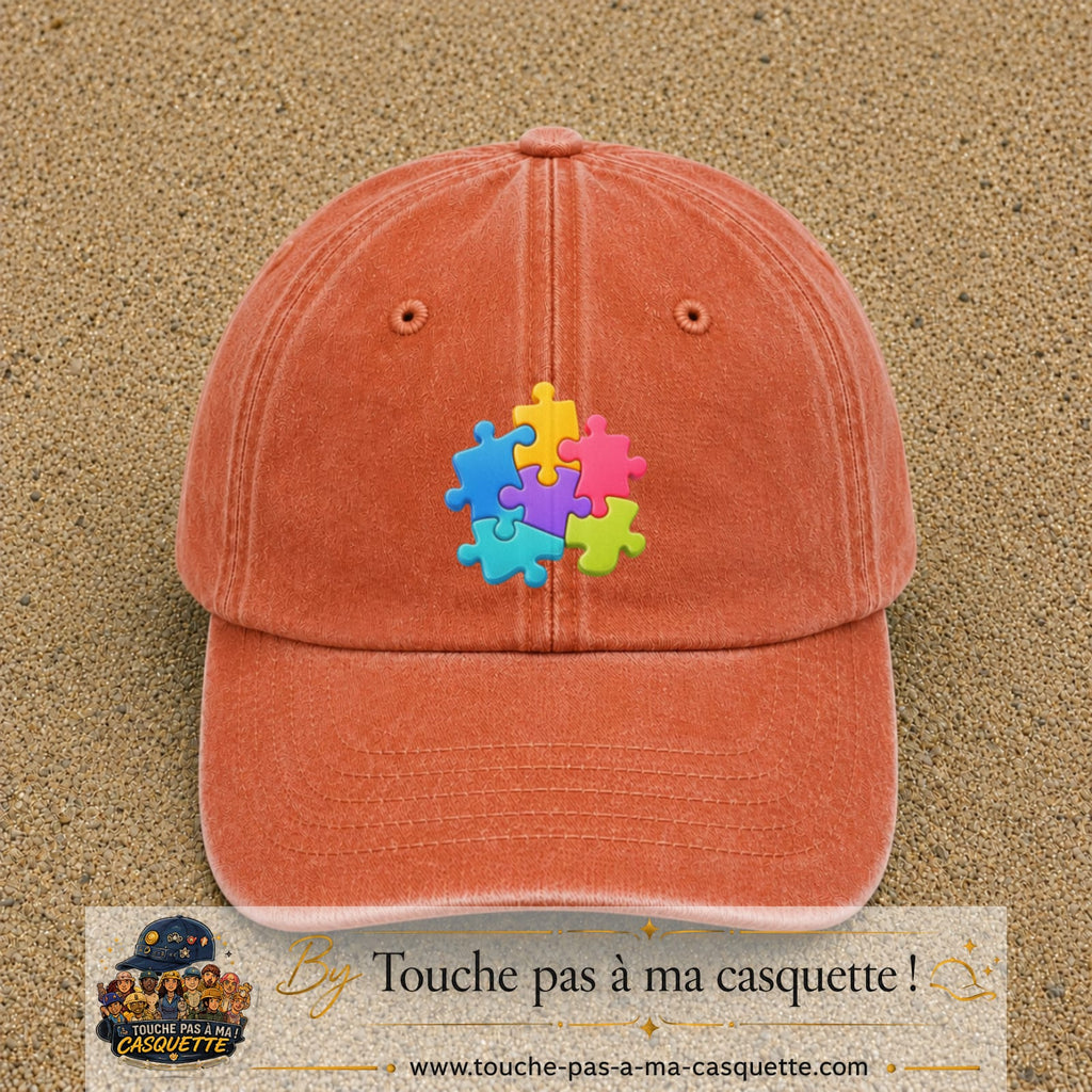 Casquette Orange délavé - Corail délavé motif Puzzle pop logo 7 cm