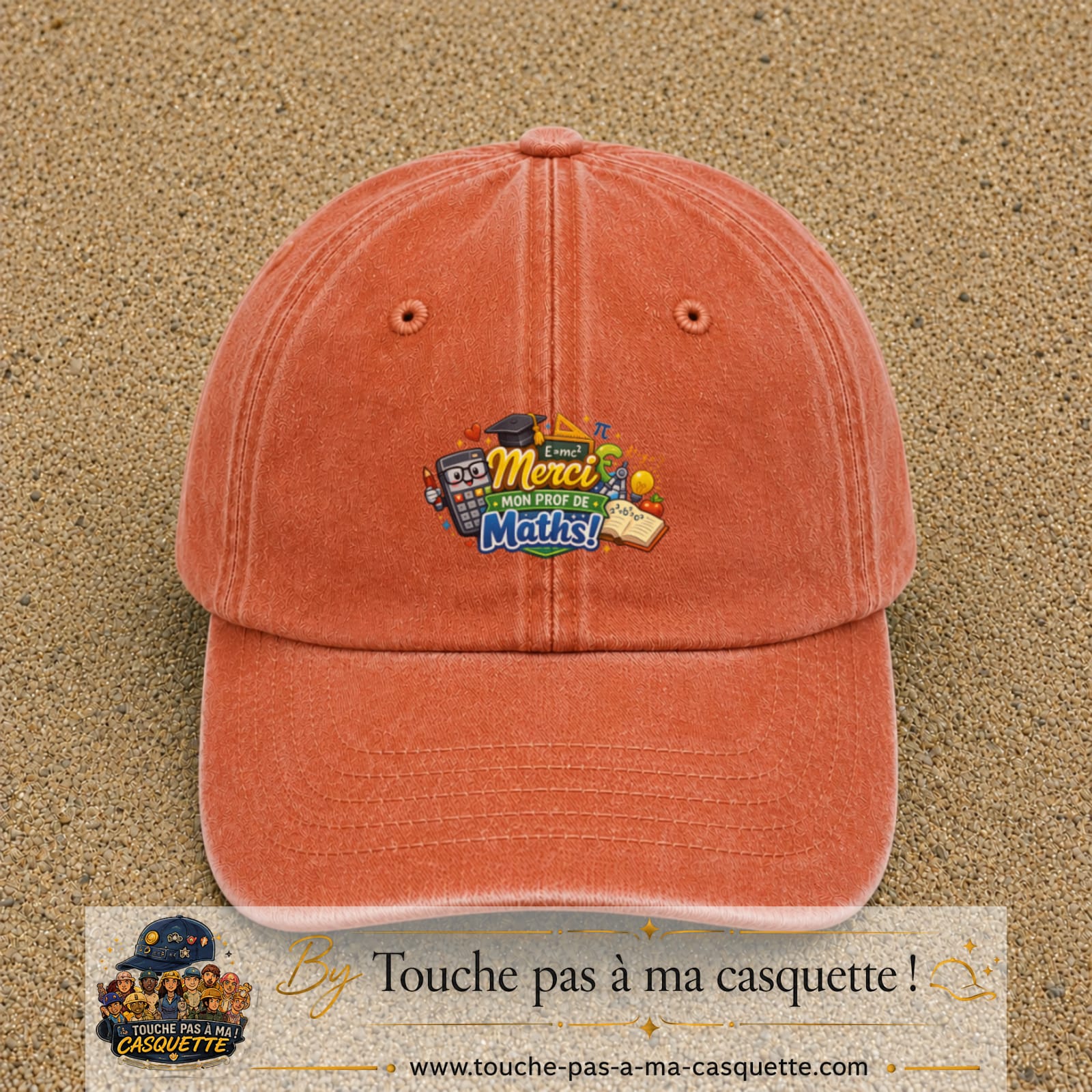 Casquette Orange délavé - Corail délavé avec motif Merci mon prof de maths en 5 cm – vue principale