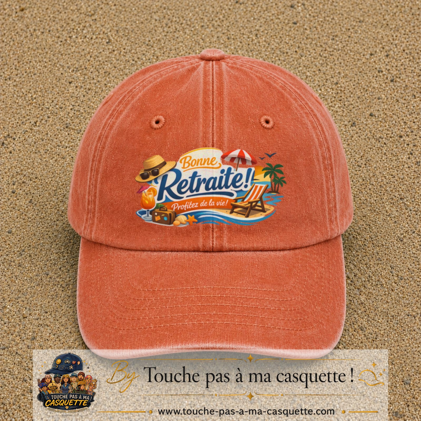 Casquette Orange délavé - Corail délavé avec motif Bonne retraite au bord de la mer en 7 cm – vue principale