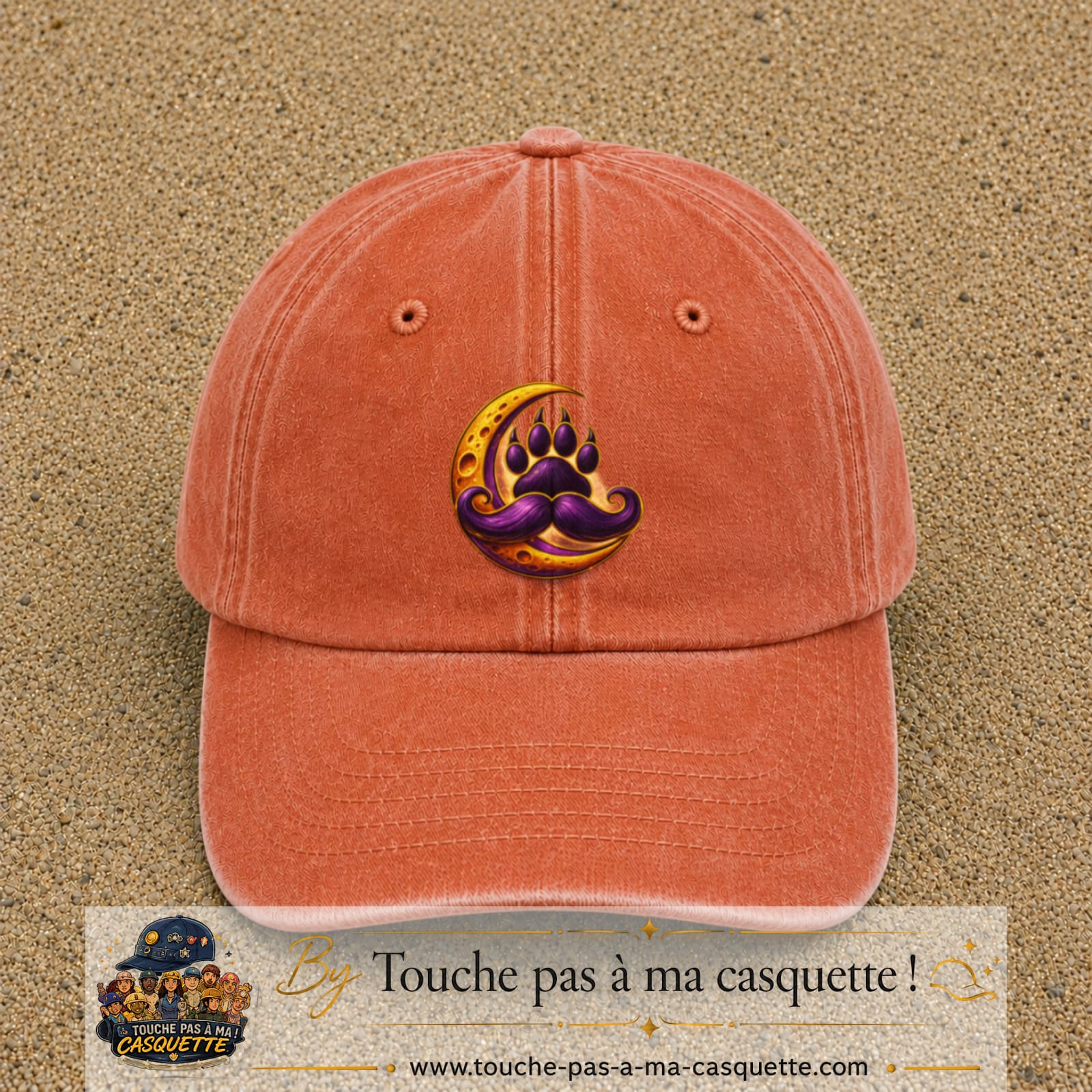 Casquette Orange délavé - Corail délavé avec motif Patte moustachue sur lune en 7 cm – vue principale