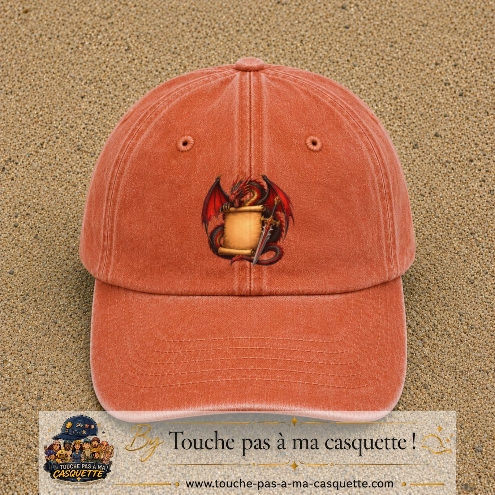 Casquette Orange délavé - Corail délavé motif Dragon parchemin logo 7 cm