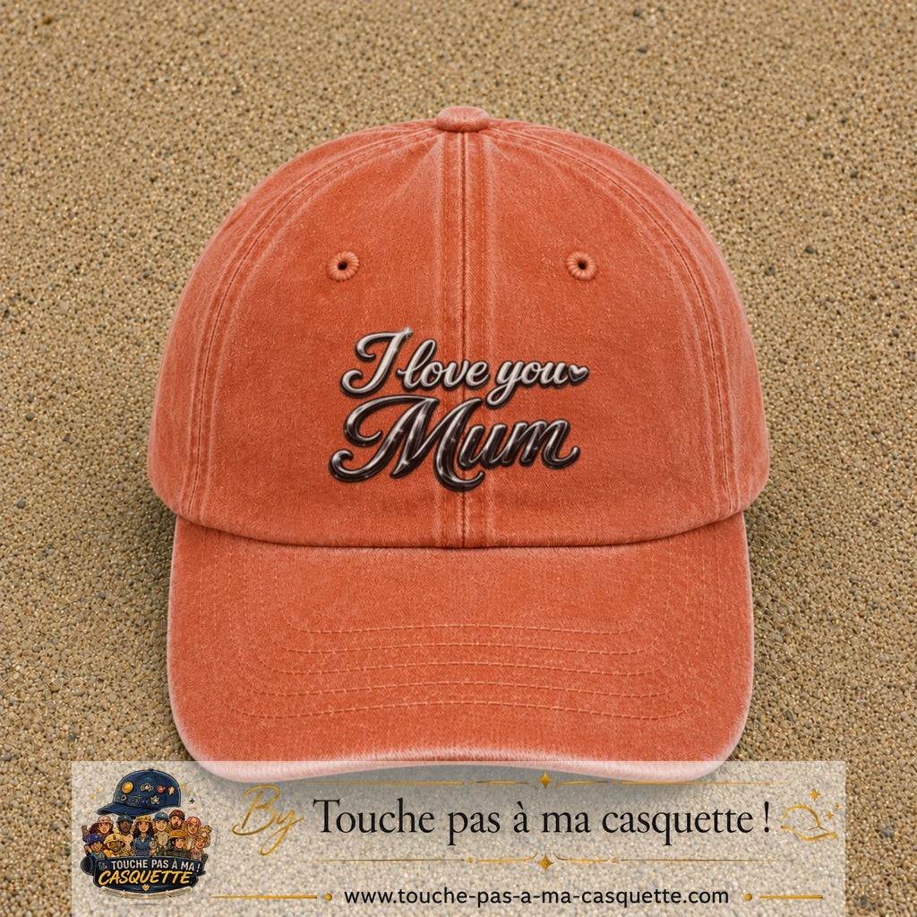 Casquette Orange délavé - Corail délavé avec motif I Love You Mum en 7 cm – vue principale