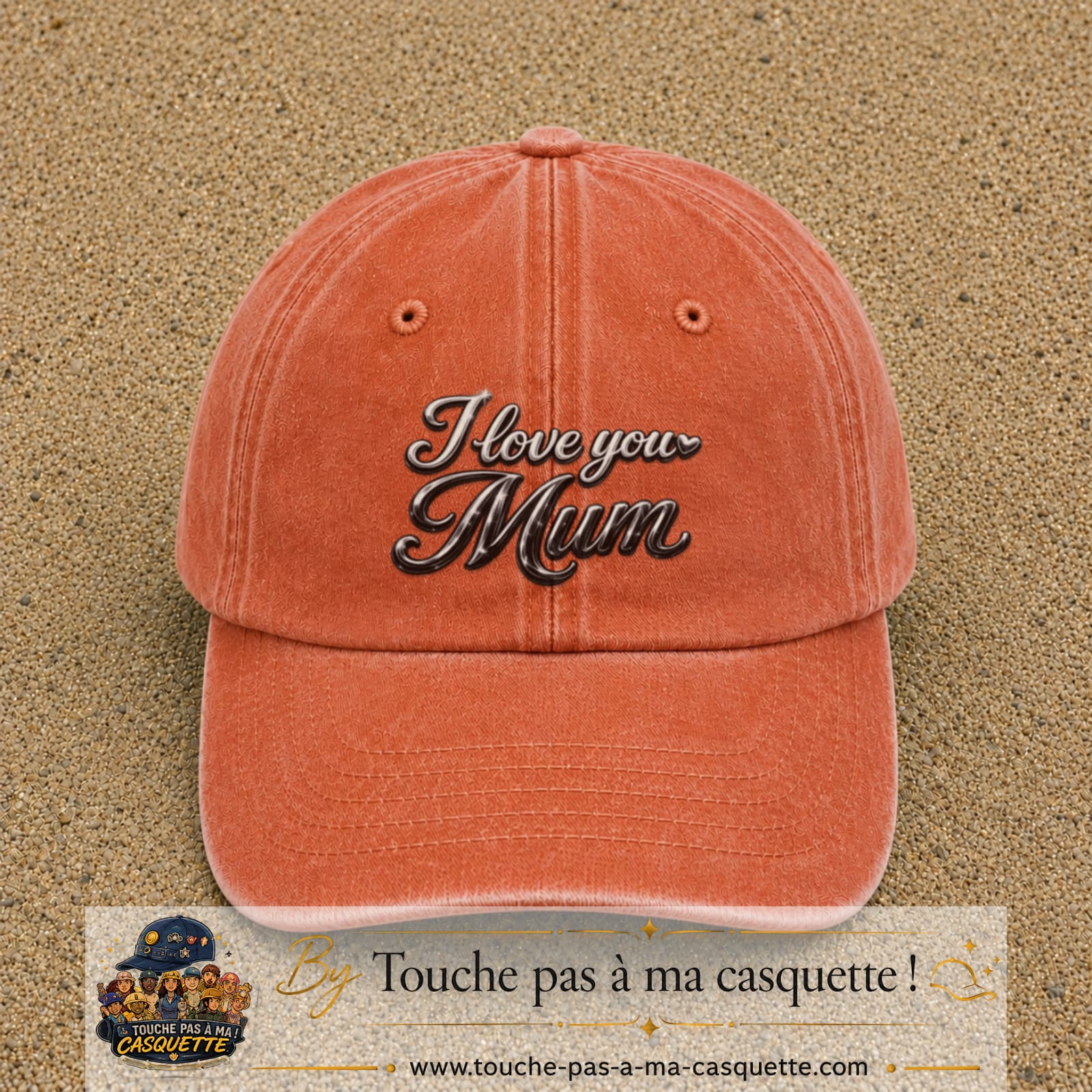 Casquette Orange délavé - Corail délavé avec motif I Love You Mum en 7 cm – vue principale
