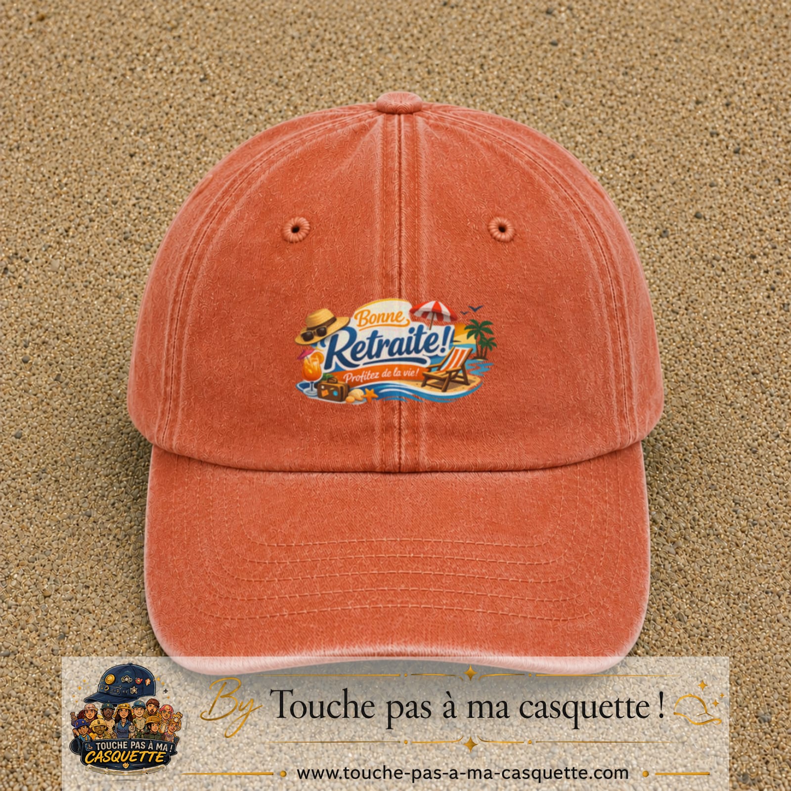 Casquette Orange délavé - Corail délavé avec motif Bonne retraite au bord de la mer en 5 cm – vue principale