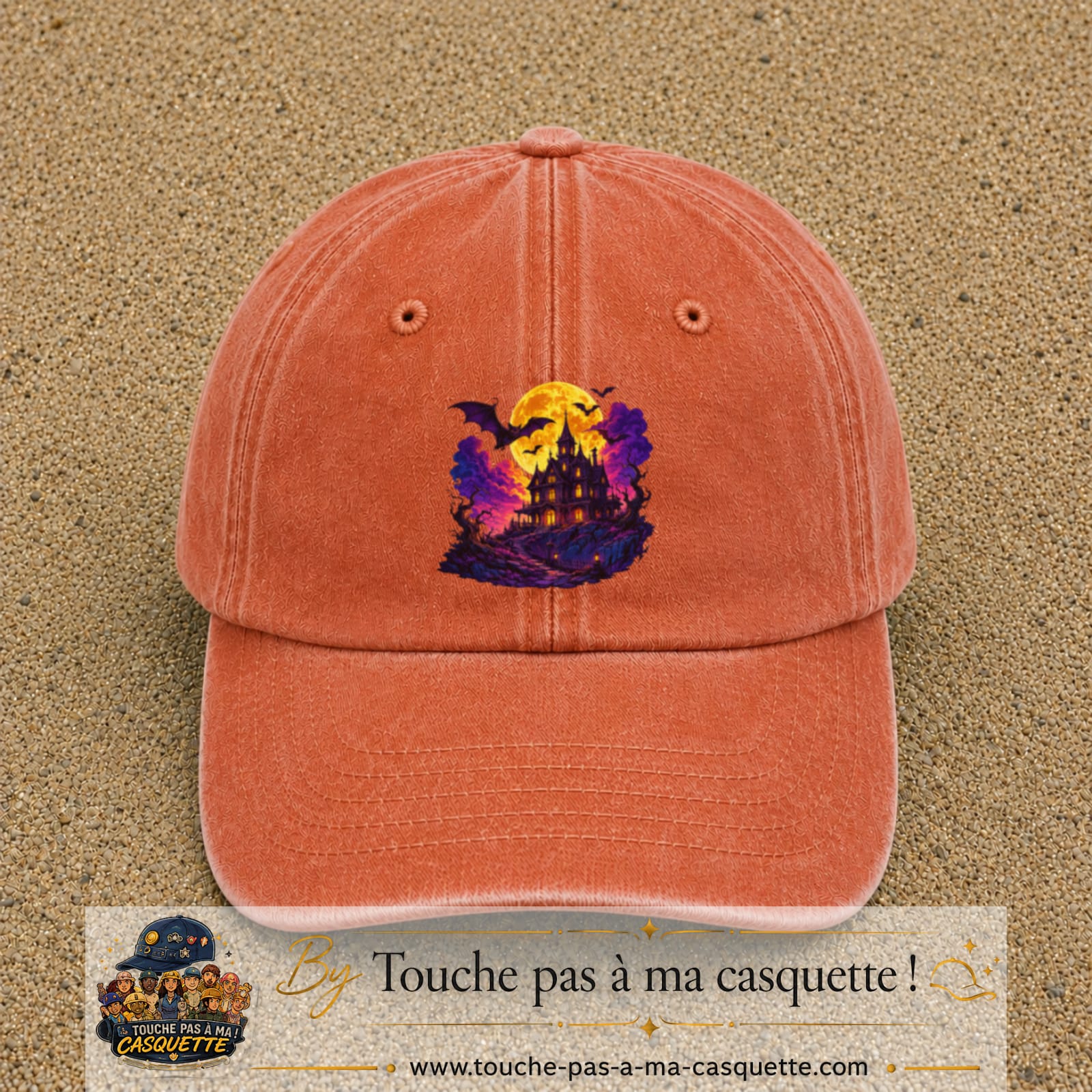 Casquette Orange délavé - Corail délavé motif Manoir hanté logo 7 cm