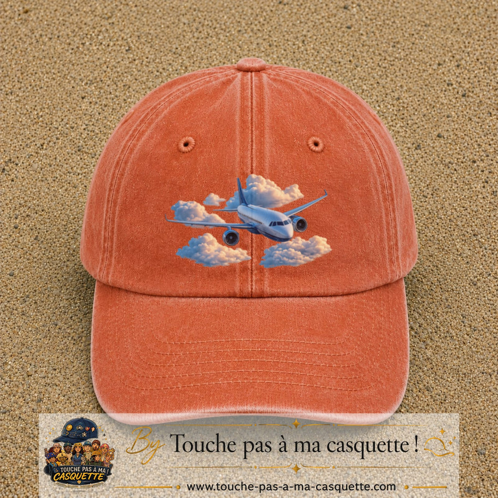 Image principale casquette Orange délavé - Corail délavé avec motif Avion dans les nuages 7 cm