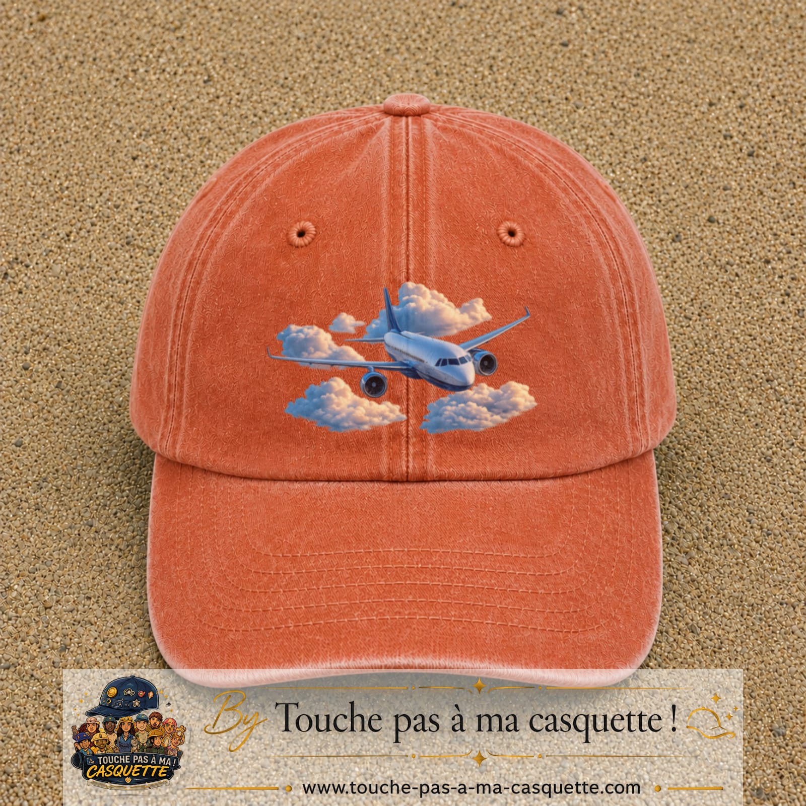 Image principale casquette Orange délavé - Corail délavé avec motif Avion dans les nuages 7 cm
