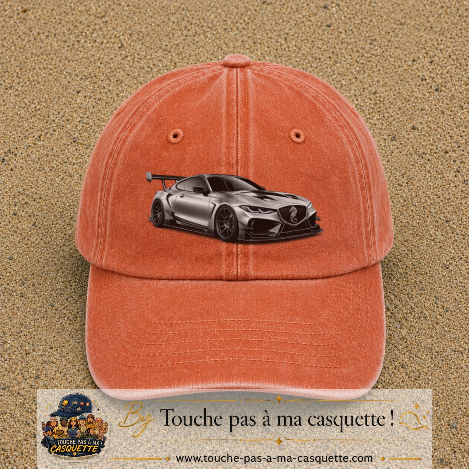 Casquette Orange délavé - Corail délavé avec motif Voiture sportive en 7 cm – vue principale