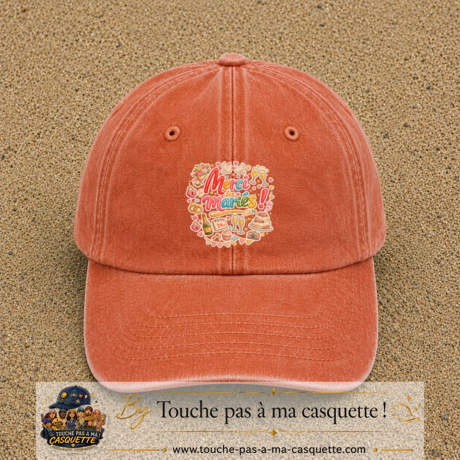 Casquette Orange délavé - Corail délavé avec motif Merci les Mariés en 7 cm – vue principale