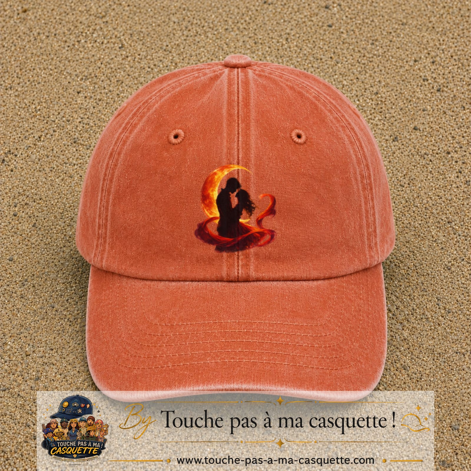 Casquette Orange délavé - Corail délavé motif Couple sous la lune logo 7 cm