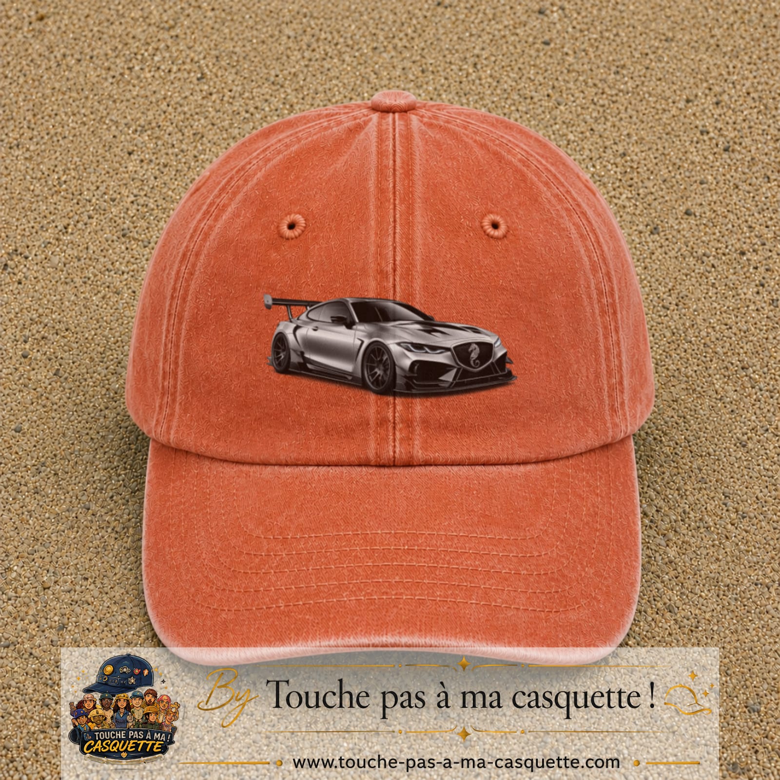 Casquette Orange délavé - Corail délavé avec motif Voiture sportive en 5 cm – vue principale