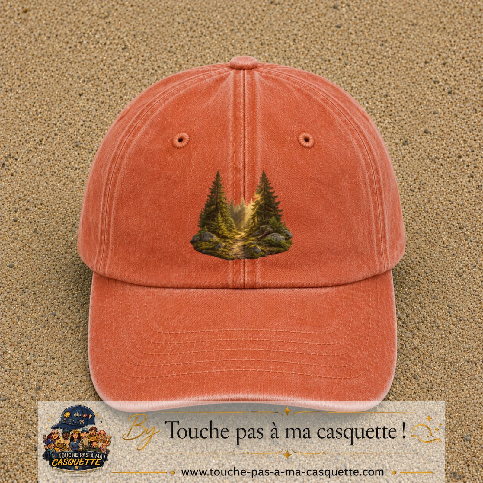 Casquette Orange délavé - Corail délavé motif Forêt de sapins logo 7 cm