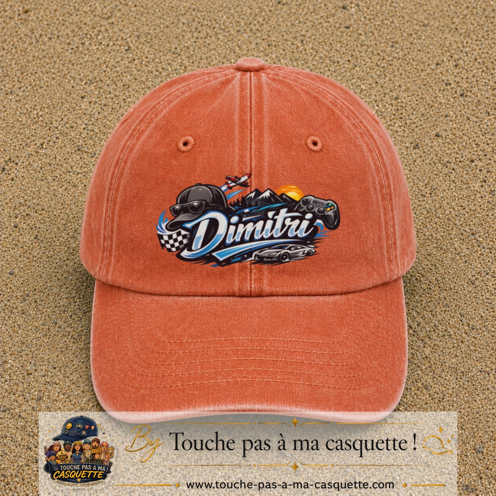 Casquette Orange délavé - Corail délavé avec motif Prénom Dimitri univers vitesse en 7 cm – vue principale