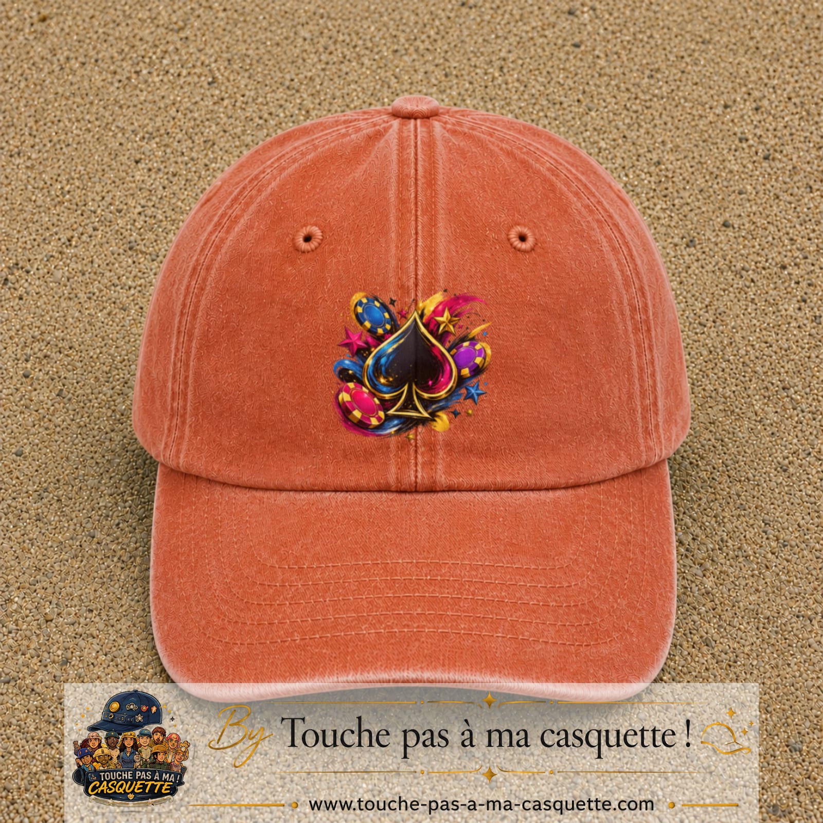 Casquette Orange délavé - Corail délavé avec motif As de pique et jetons de poker en 7 cm – vue principale