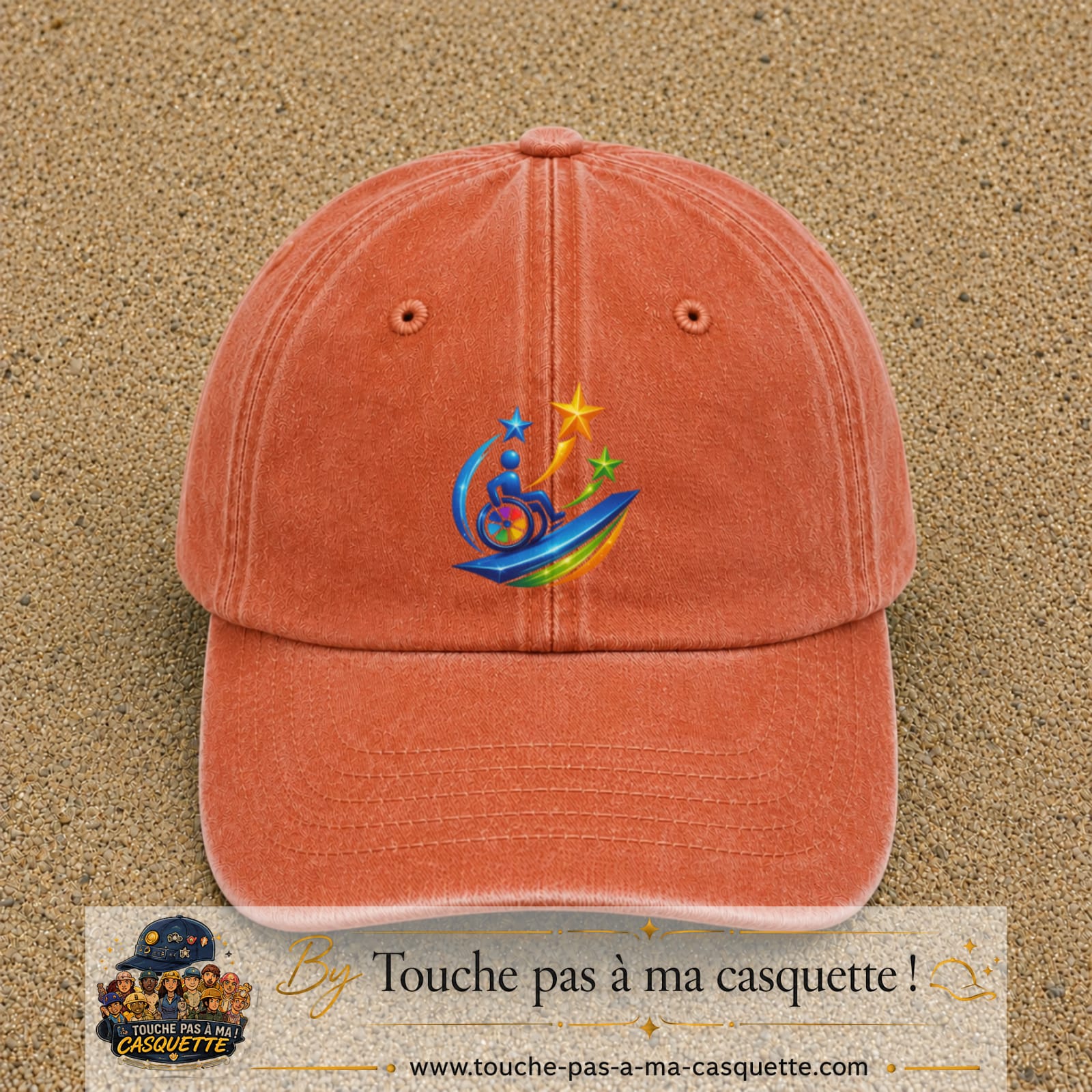 Image principale casquette Orange délavé - Corail délavé avec motif Accessibilité étoilée 7 cm