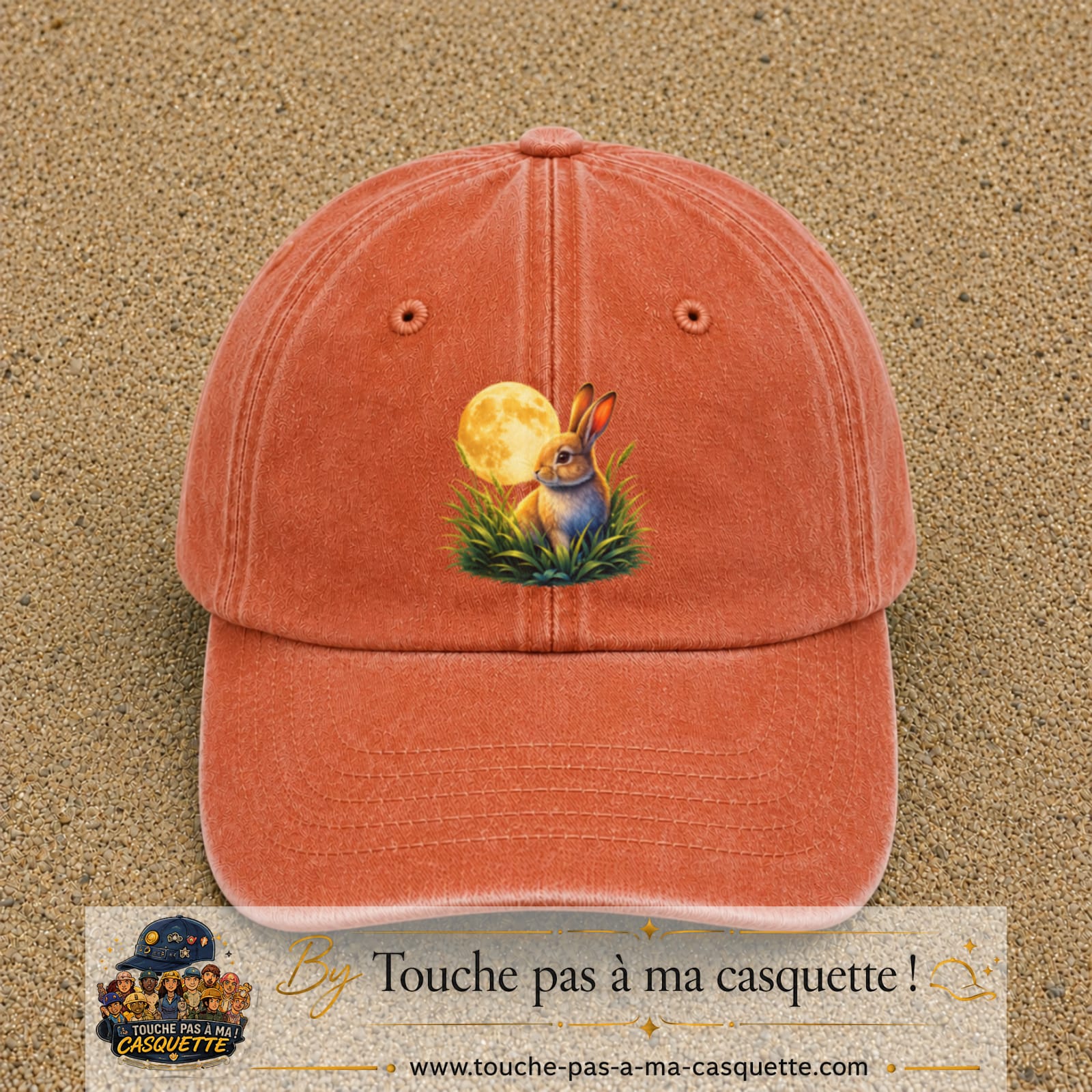 Casquette Orange délavé - Corail délavé motif Lapin sous la lune logo 7 cm
