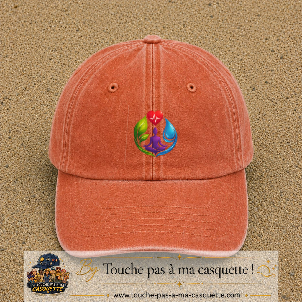Casquette Orange délavé - Corail délavé motif Yoga santé logo 7 cm