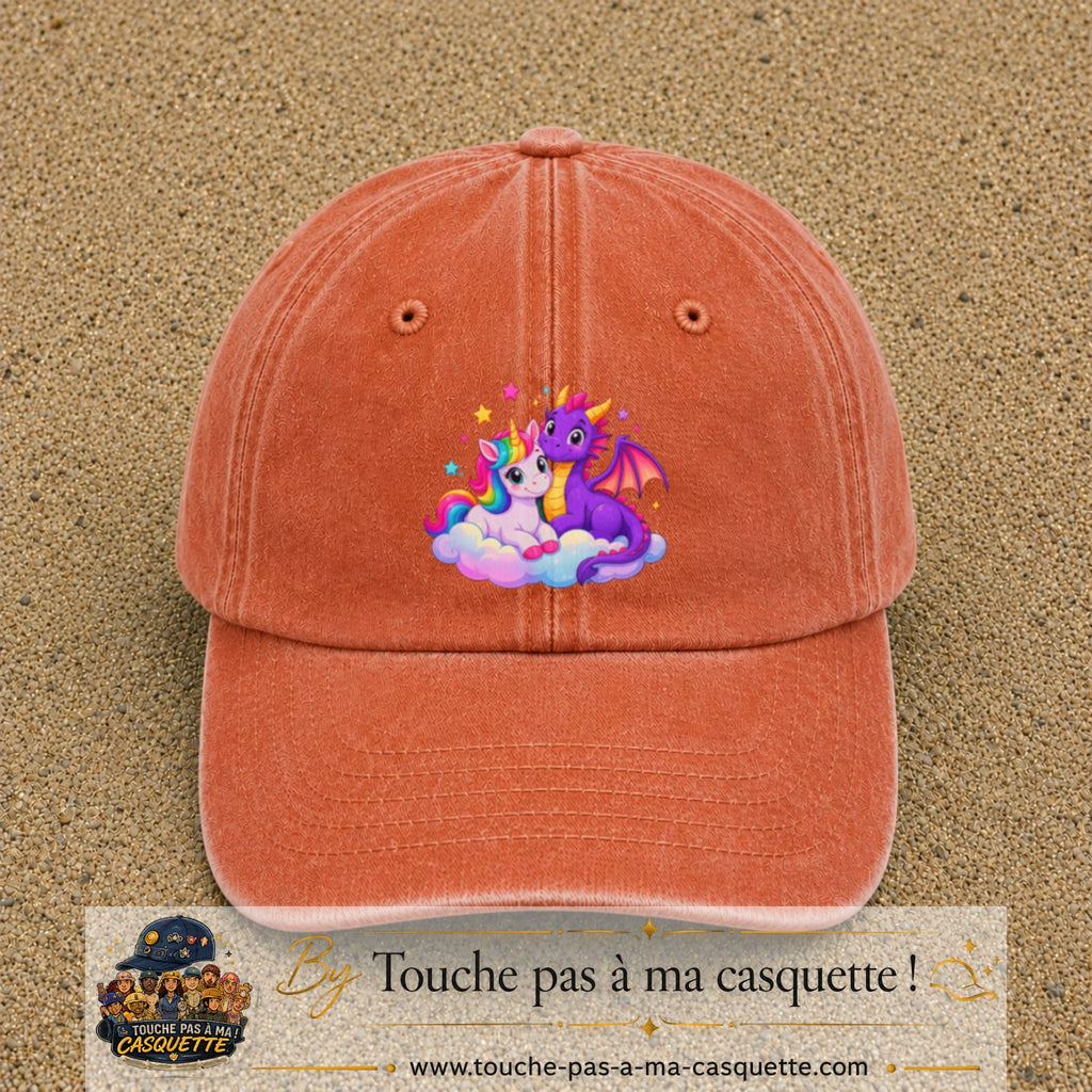 Casquette Orange délavé - Corail délavé motif Licorne et bébé dragon logo 7 cm