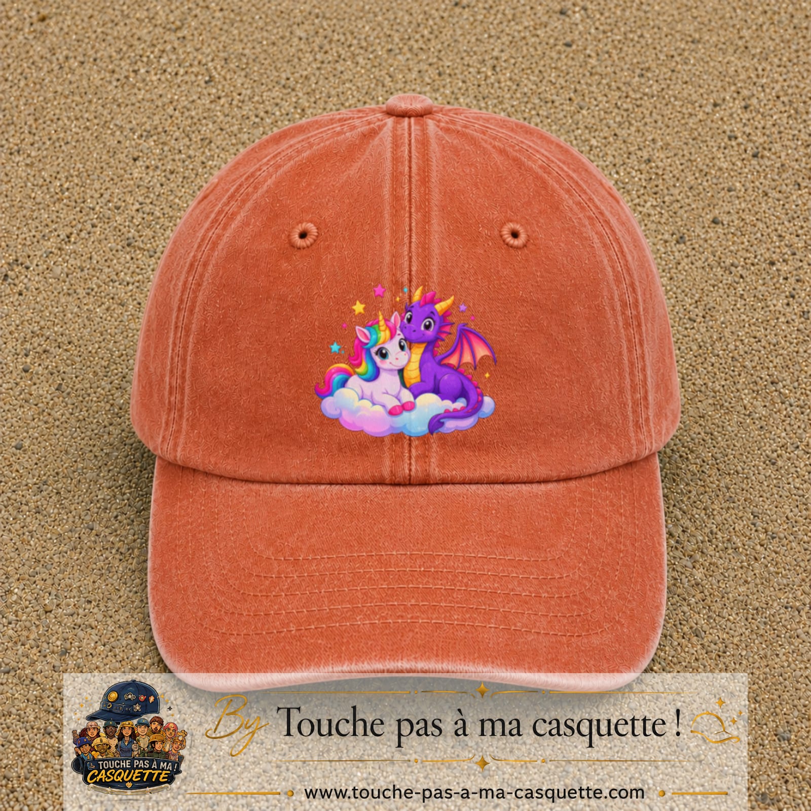Casquette Orange délavé - Corail délavé motif Licorne et bébé dragon logo 7 cm
