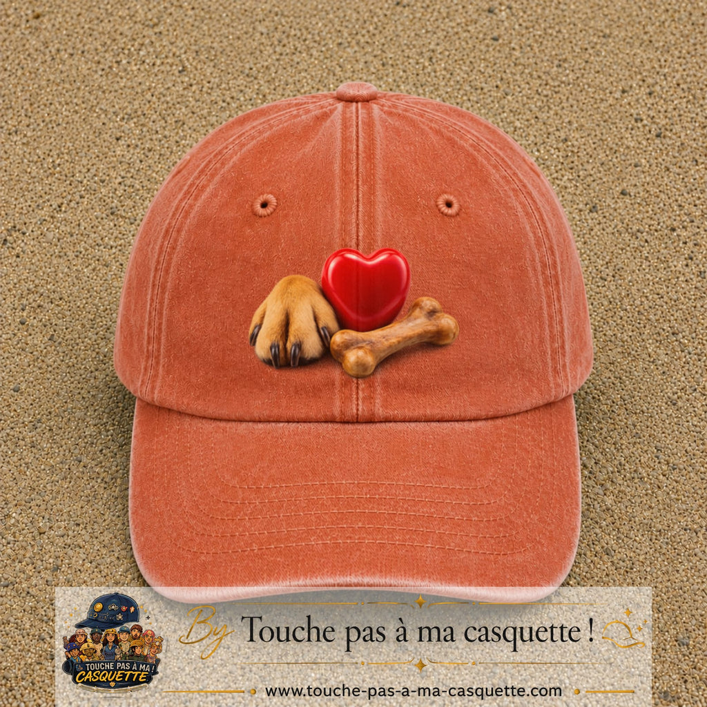 Casquette Orange délavé - Corail délavé motif Patte de chien et cœur logo 7 cm