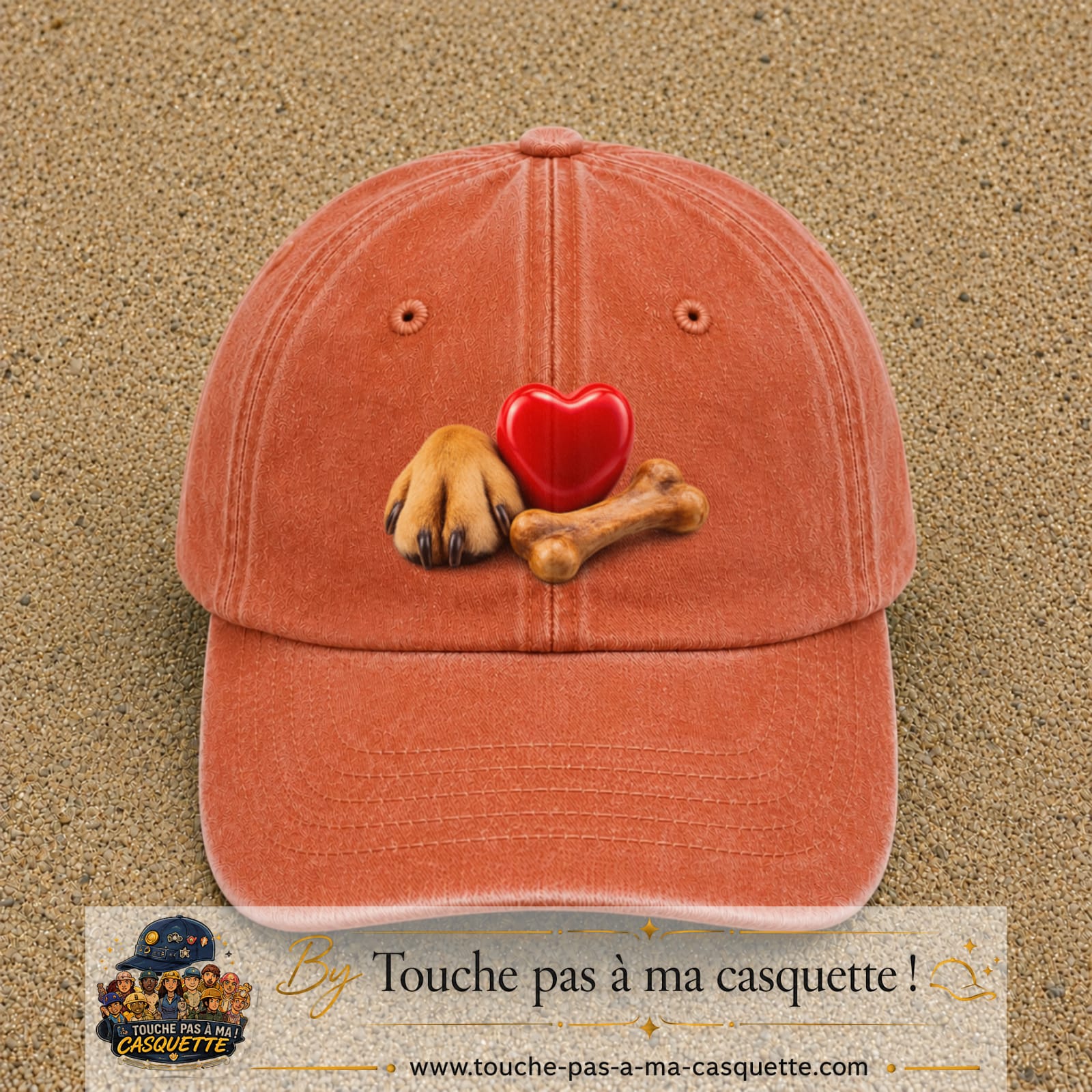 Casquette Orange délavé - Corail délavé motif Patte de chien et cœur logo 7 cm